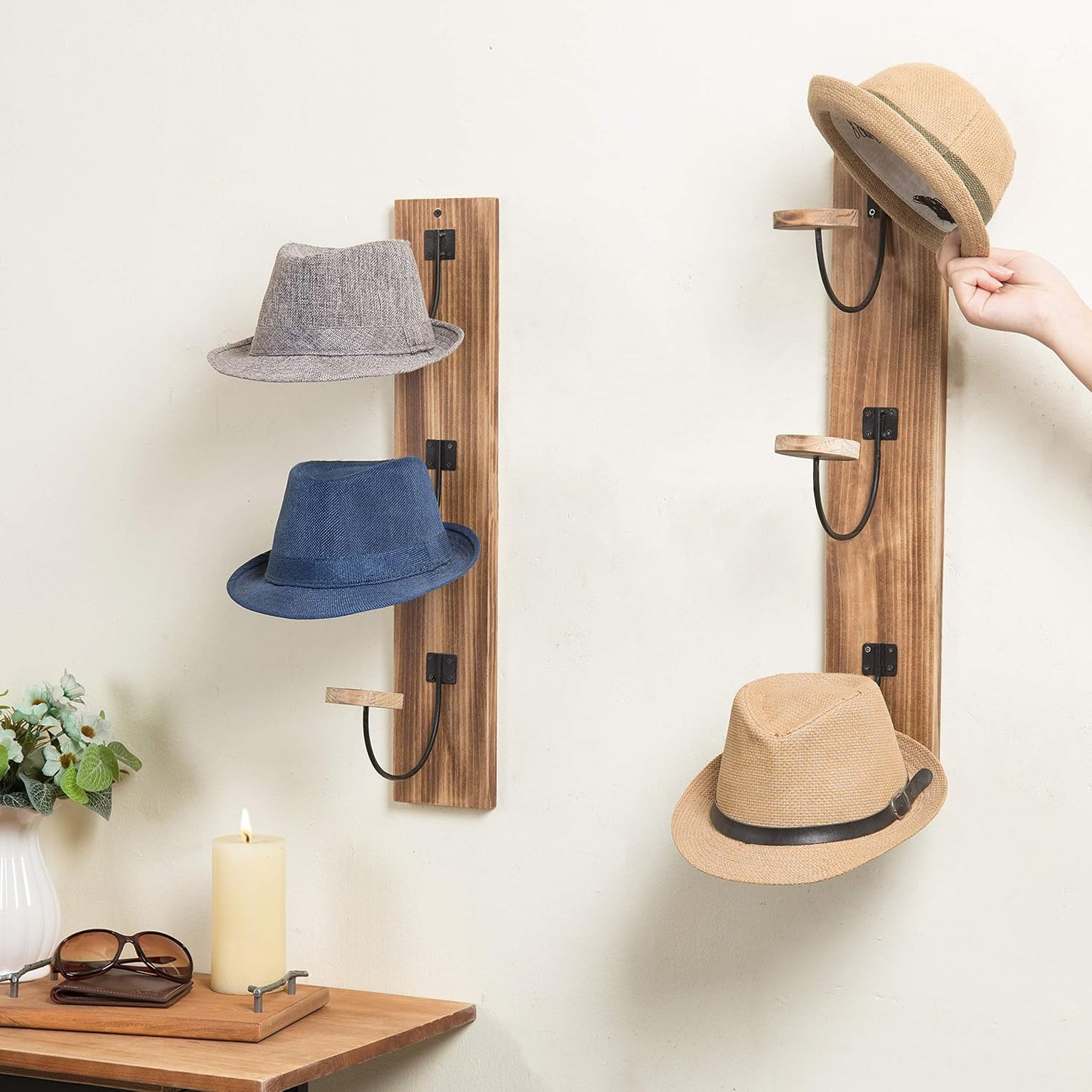 MyGift 2 Pcs Hat Rack Wall Mount, Cowboy Hat Organizer Holder, Coat, Cap Clothes Hanger with Metal Wire and Wood Hooks