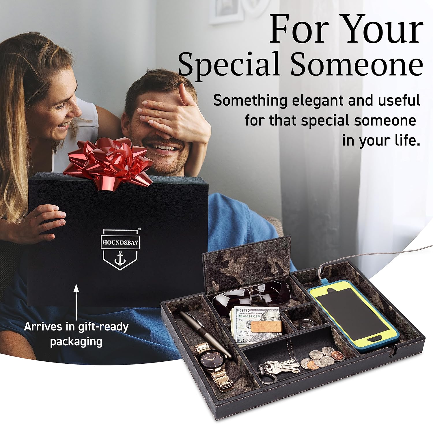 HOUNDSBAY Victory Valet Tray for Men, Camo Gifts for Men, Handmade PU Leather EDC Tray, Scratch Resistant, Nightstand
