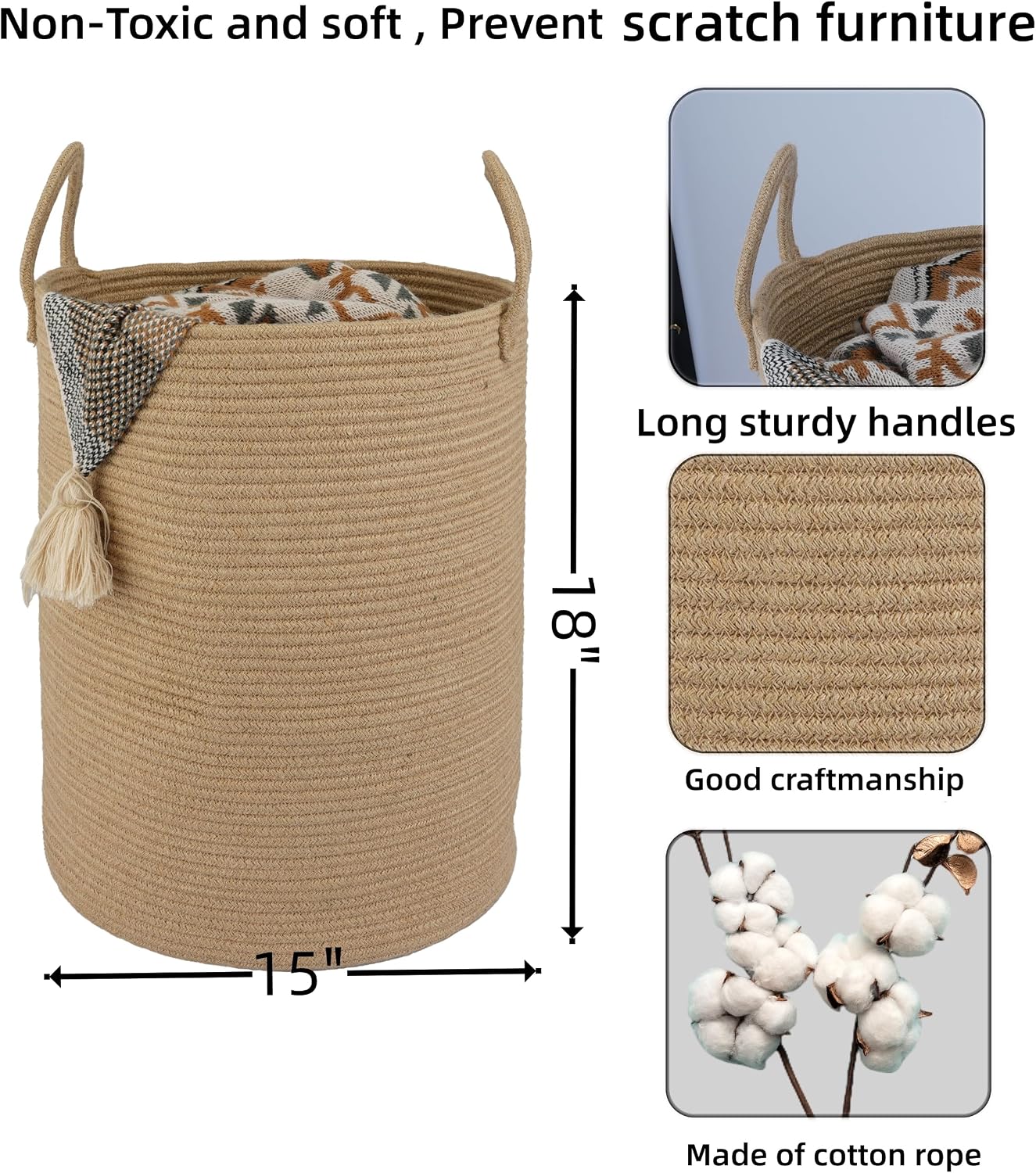 Cotton Rope Laundry Basket Hamper for Clothes Woven Storage Basket / Large / Jute