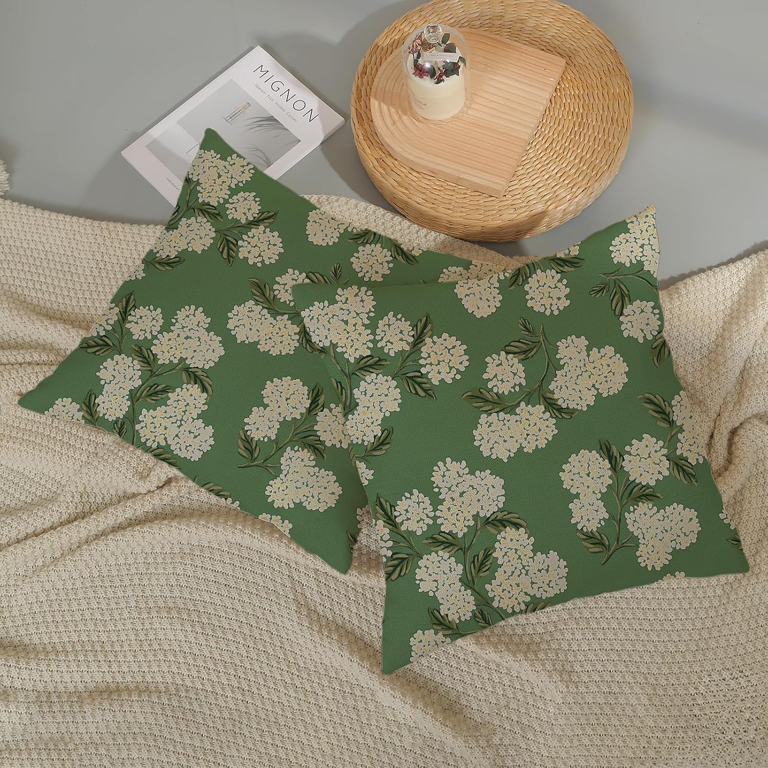 Sage Green Spring Pillow Covers Yellow Hydrangea Flower / 18 x 18 / Sage Green Hydrangea / Set of 2