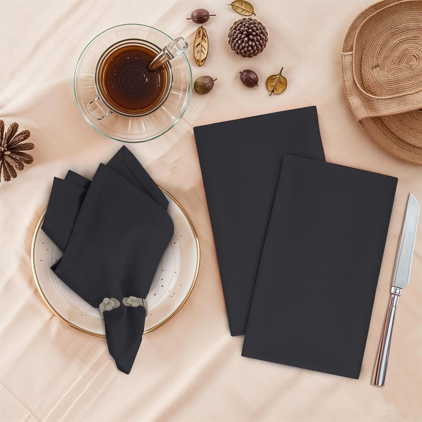Ruvanti Cloth Napkins Set of 12, 100% Cotton 18”x18” - Black Beauty | Washable, Soft, Durable & Absorbent Everyday