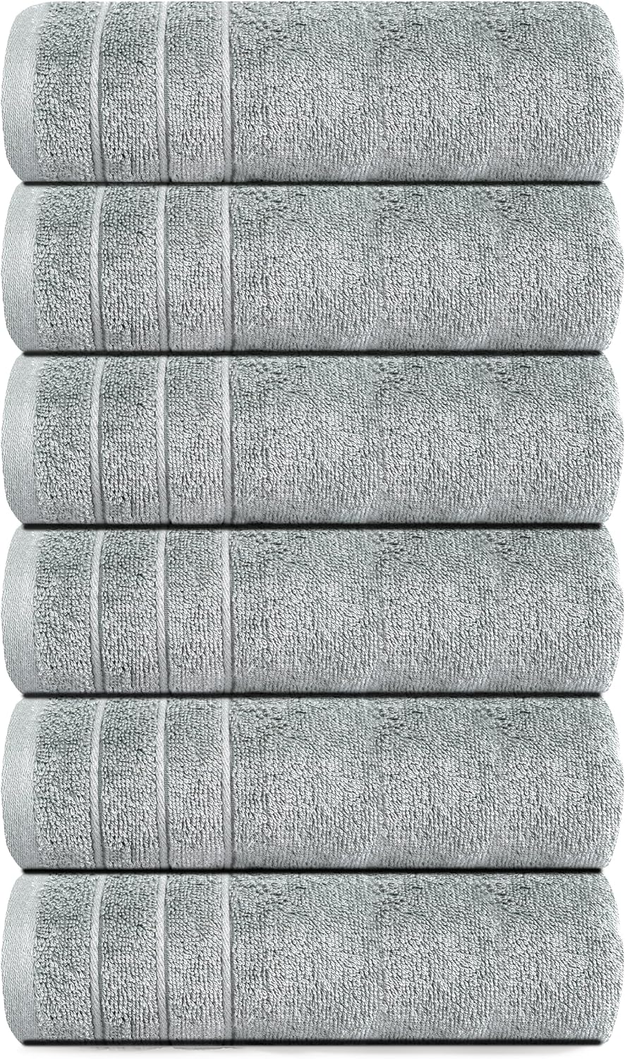 6 Piece Hand Towels Set 16 x 28 Inches, Cool Grey | 100% Cotton, Lighter Weight, Quick to Dry, 16 x 28 Inches, Super