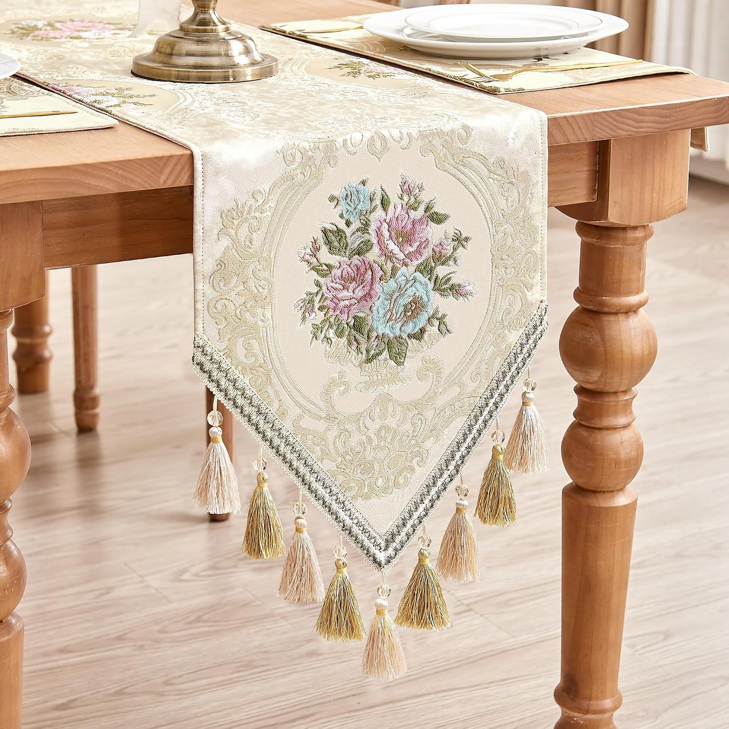 Loom and Mill Elegant Floral Jacquard Table Runner 13x72 inch, Pearly Beige | Luxury Damask Fabric Dining Table Runners