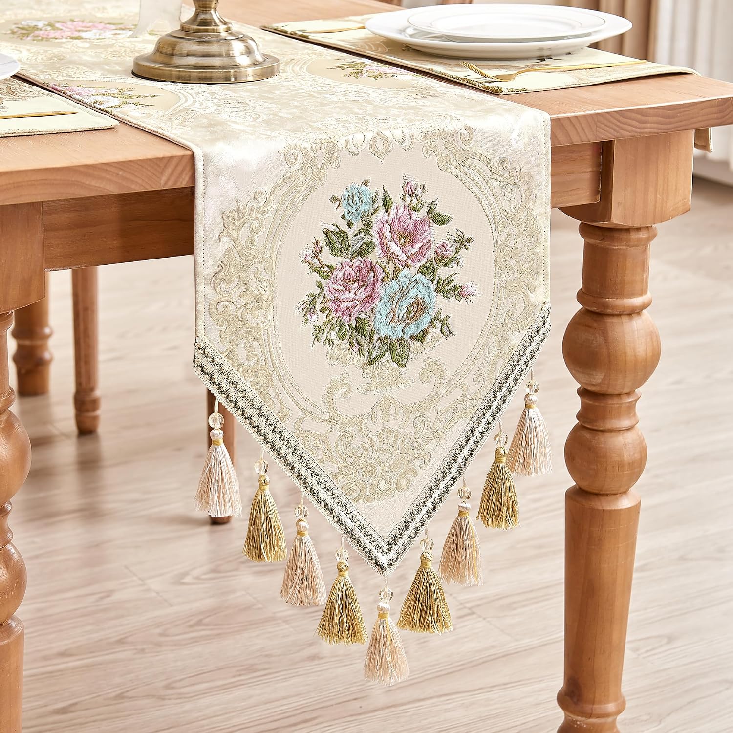 Loom and Mill Elegant Floral Jacquard Table Runner 13x90 inch, Pearly Beige | Luxury Damask Fabric Dining Table Runners
