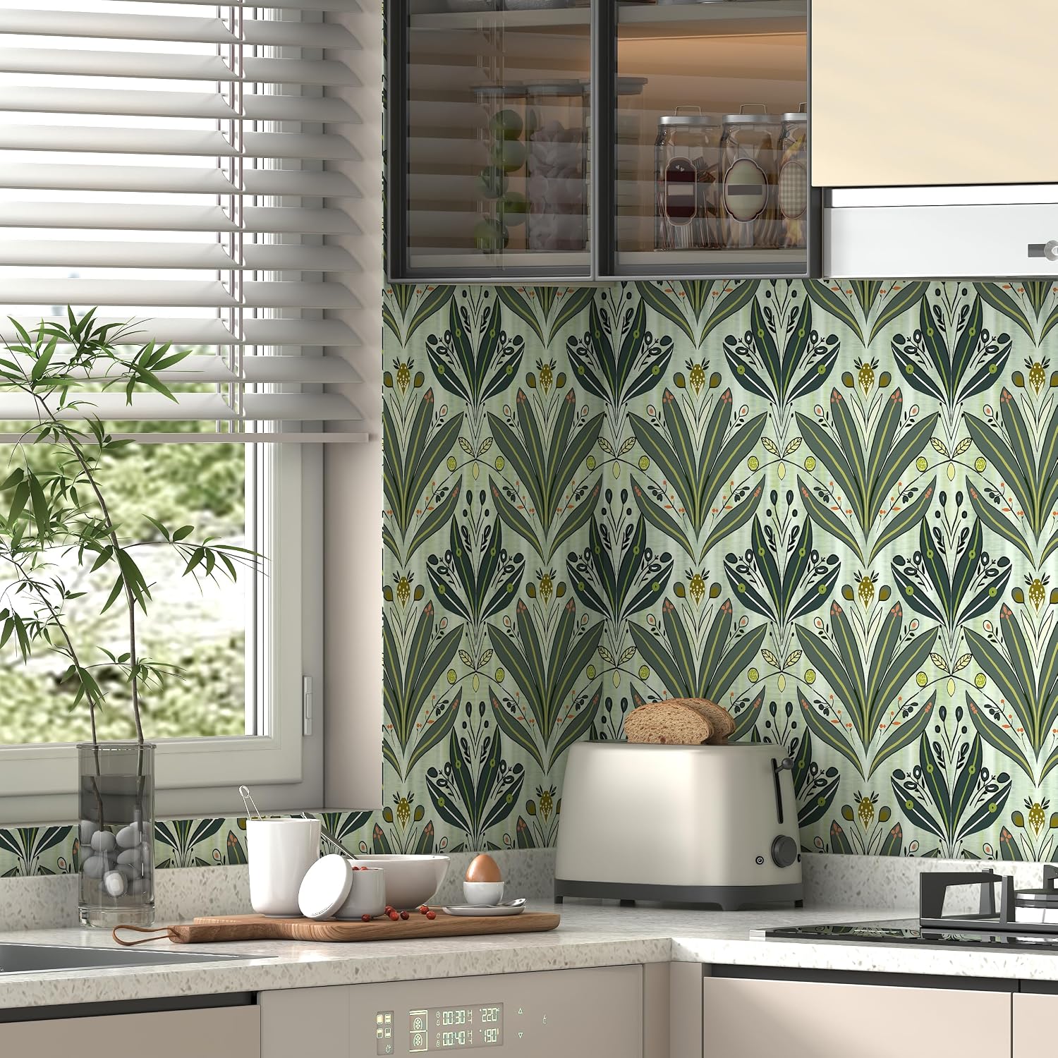Leaf Wallpaper Peel and Stick Wallpaper " Modern Botanical Contact Paper / 17.3 x 197 / Green