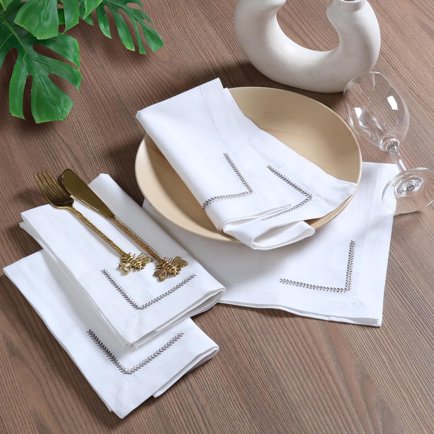 Bedding Craft Cotton Cloth Dinner Napkins Set of 12 – 18x18 with Decorative Embroidery & Selvedge – Machine Washable
