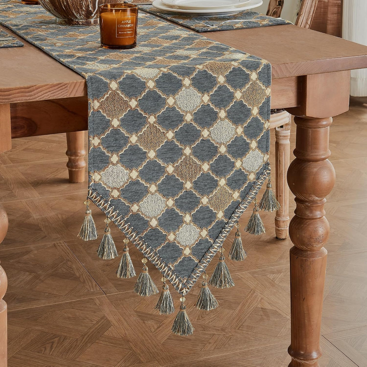 Loom and Mill Chenille Table Runner 90 inches Long, Blue-Grey+Khaki+Beige | Chic Checkered Pattern Jacquard Table