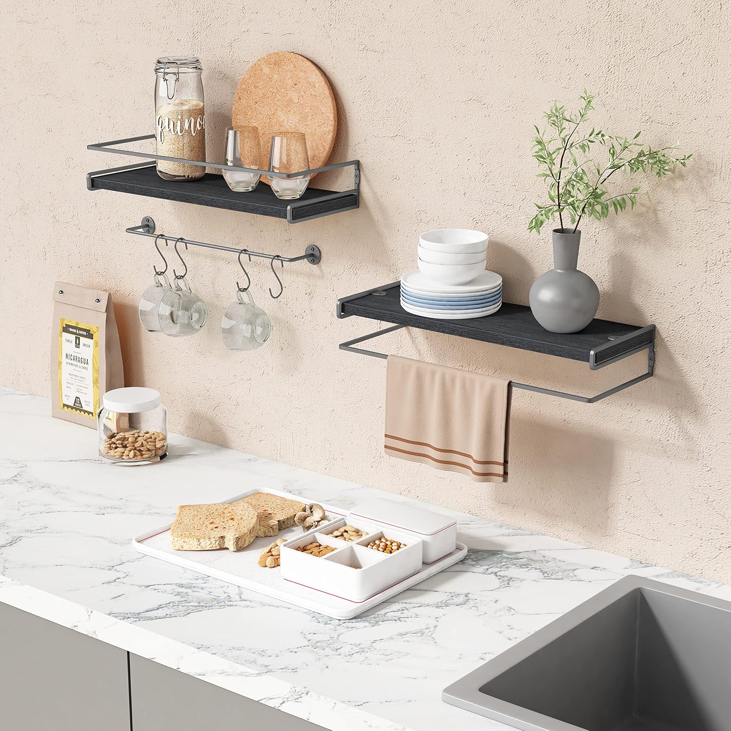 Forbena Black Floating Shelves for Bathroom Wall Set of 2, Kitchen Spice Rack Wall Mount, Modern Wood Hanging Wall
