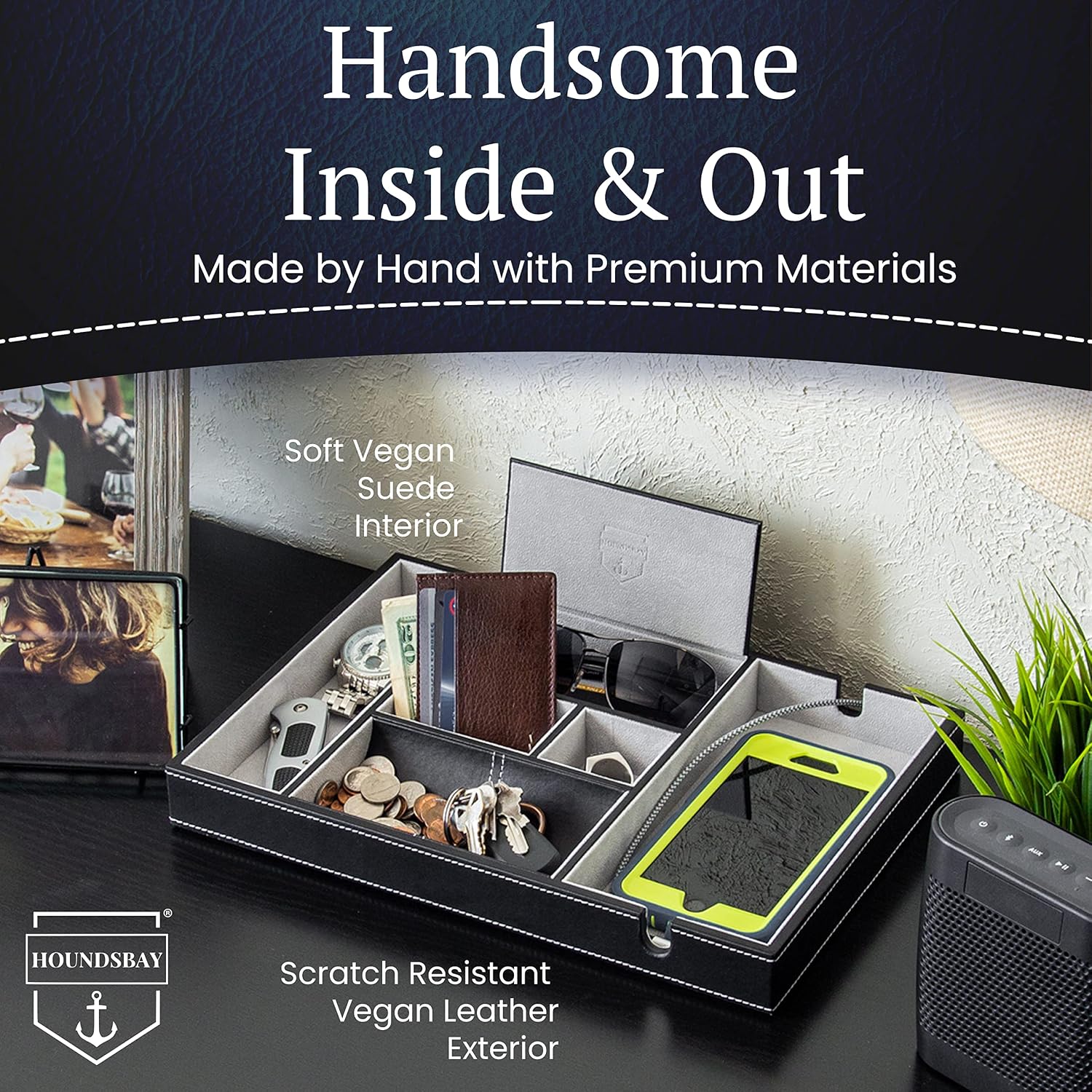 HOUNDSBAY Victory Valet Tray for Men, Camo Gifts for Men, Handmade PU Leather EDC Tray, Scratch Resistant, Nightstand