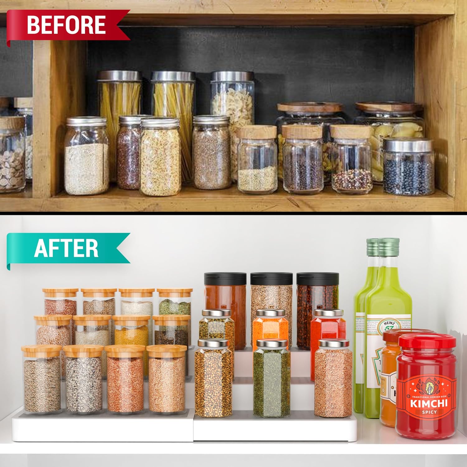 YAN & HIN Expandable Spice Rack Organizer for Cabinet (2 Pack), 3-Tier Tiered Spice Shelf Organizer with Non-Skid