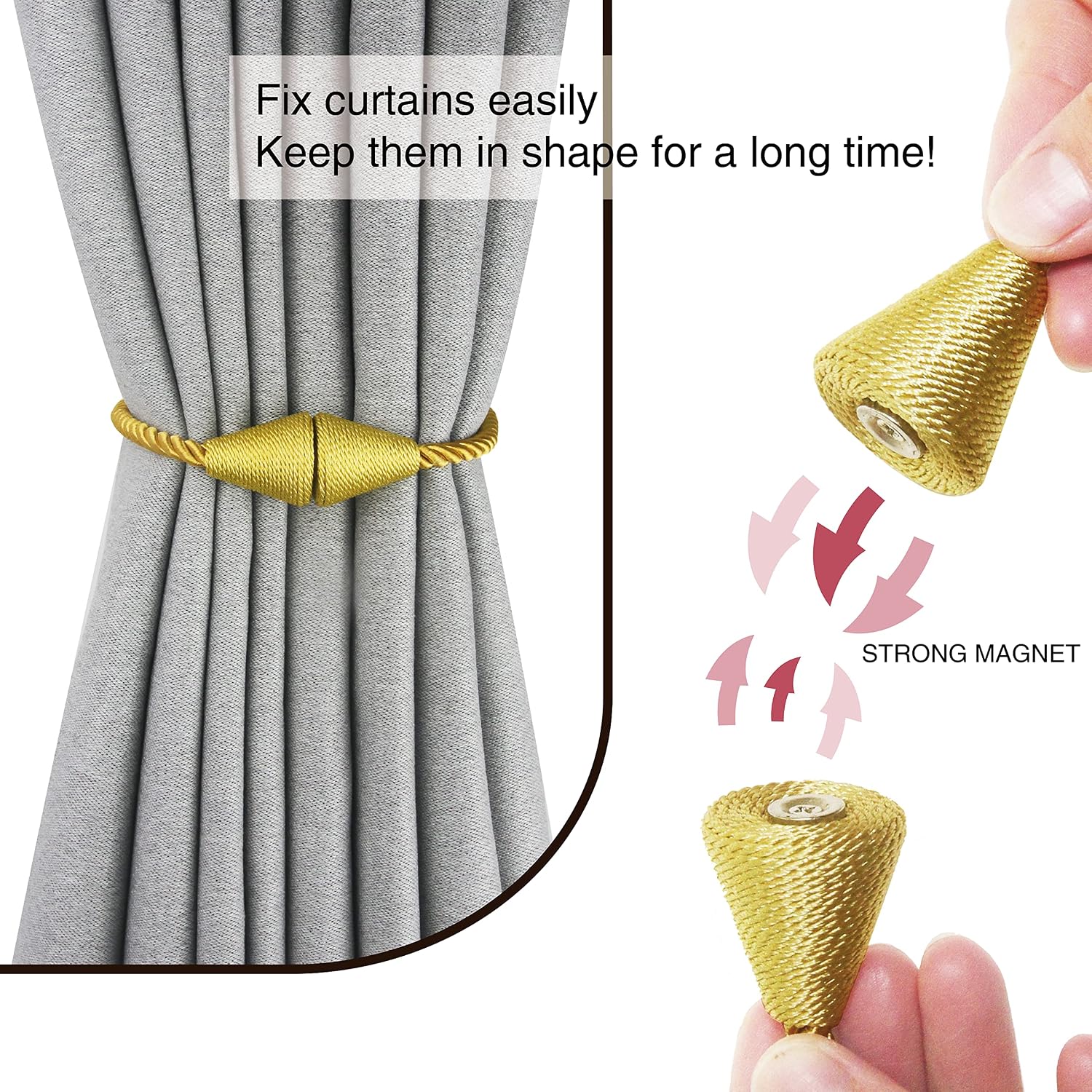 Magnetic Curtain Tiebacks Rope Decorative Holdbacks for Drapes Nieffeiy | 6 Pack Gold Modern Handmade Curtain Tie Backs