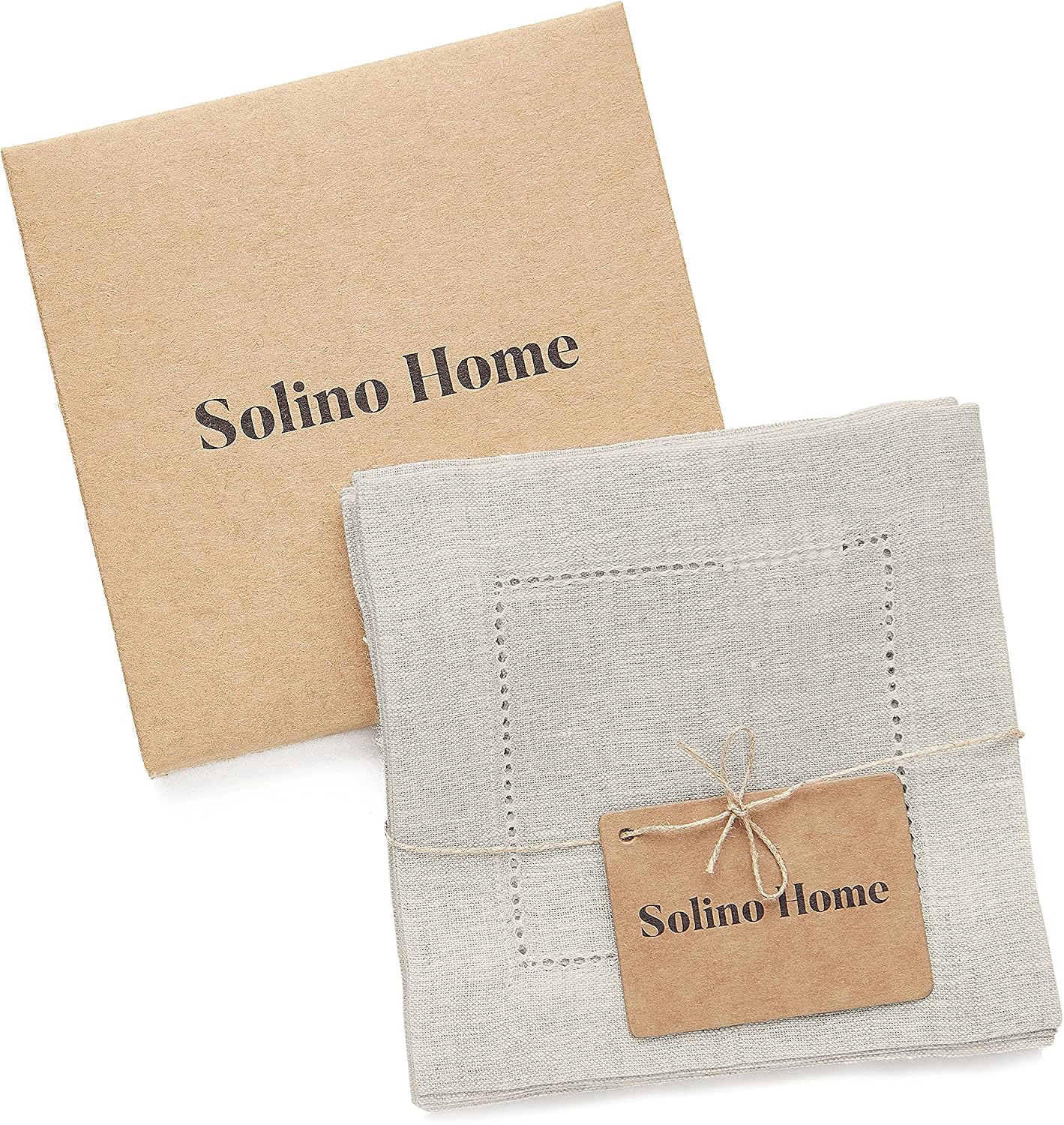 Solino Home 100% Linen Cocktail Napkins Light Natural, 6 x 6 in, Set of 12 | Classic Hemstitch Small Cloth Napkins for