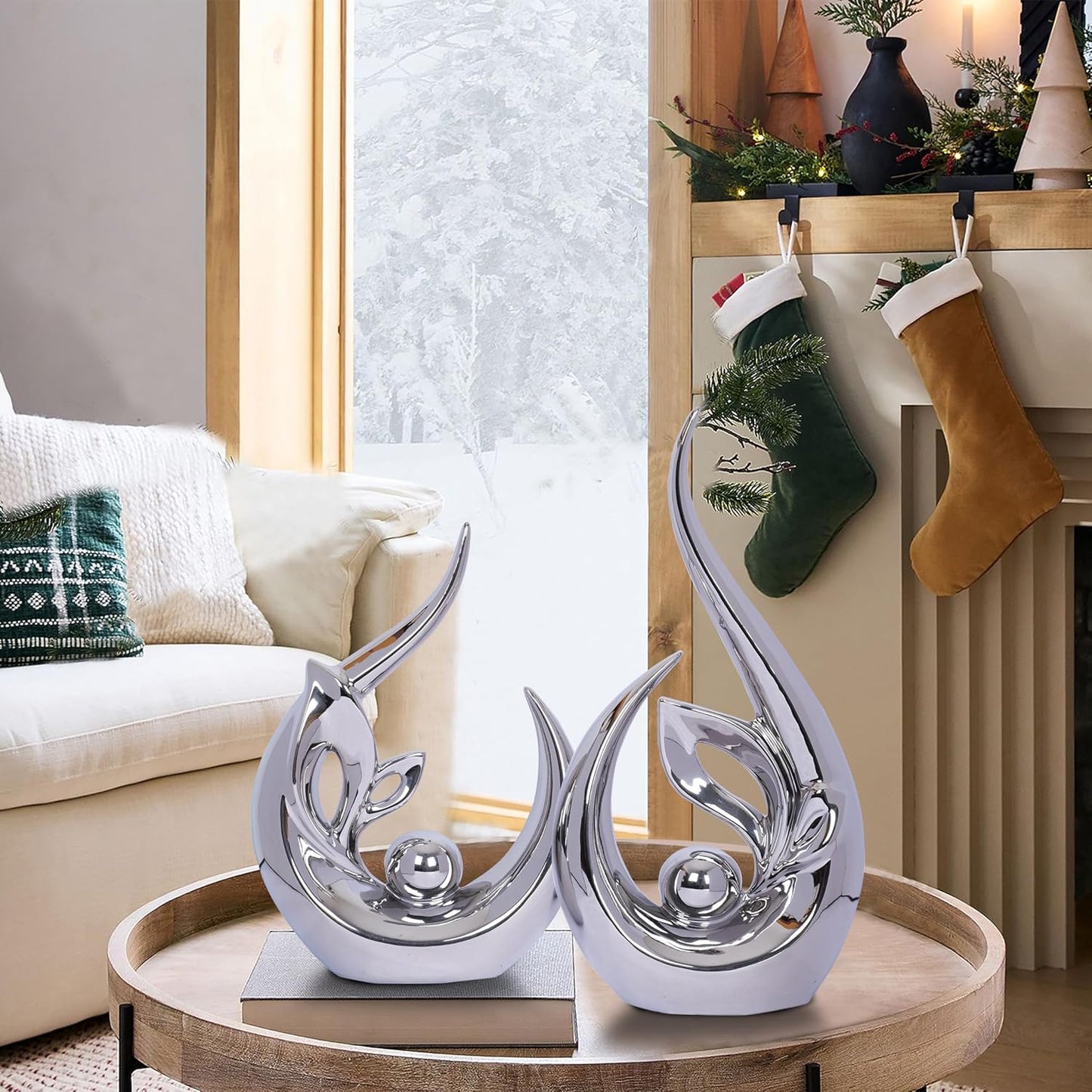 Decor Accent Ceramic Statue Abstract Sculptures Centerpieces Mid Century Modern / Silver / Set of 2