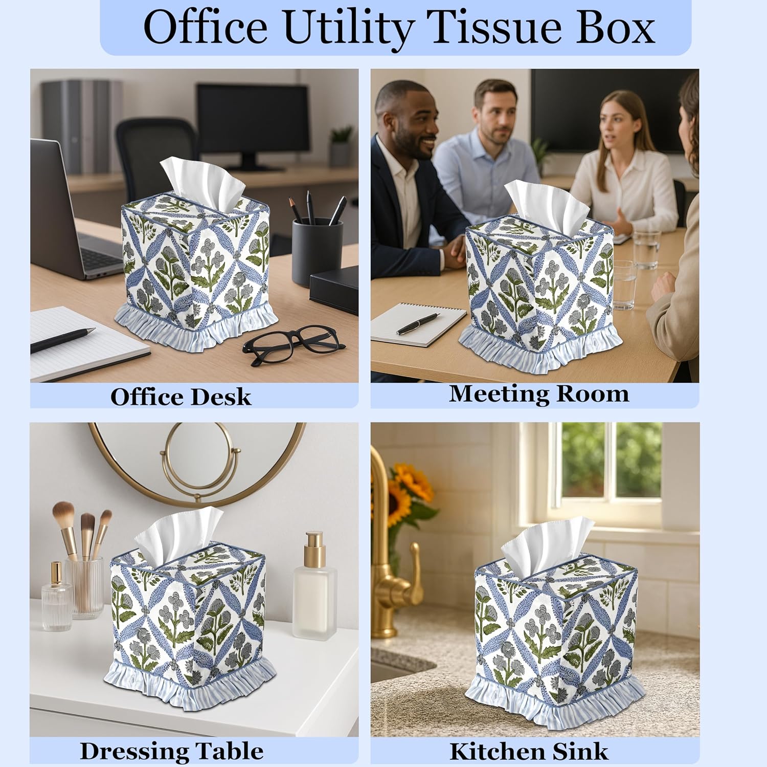 Block Print Ruffle Tissue Box Cover Handmade Cotton Decorative Square Napkin / Light Steel Blue