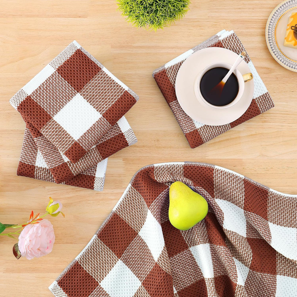 Homaxy Kitchen Towels and Dishcloths Set, Set of 10, White & Rust | Bulk Cotton Waffle Weave Check Plaid Kitchen