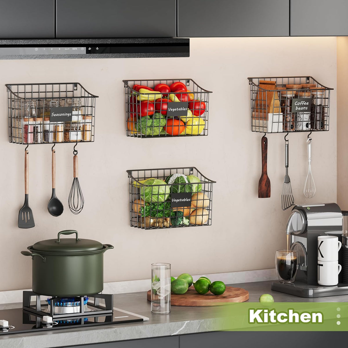 Wall Basket with Label Plate & 5 S-Hooks –4 Pack Hanging Wire Basket for Organizing, Wall Storage for Kitchen