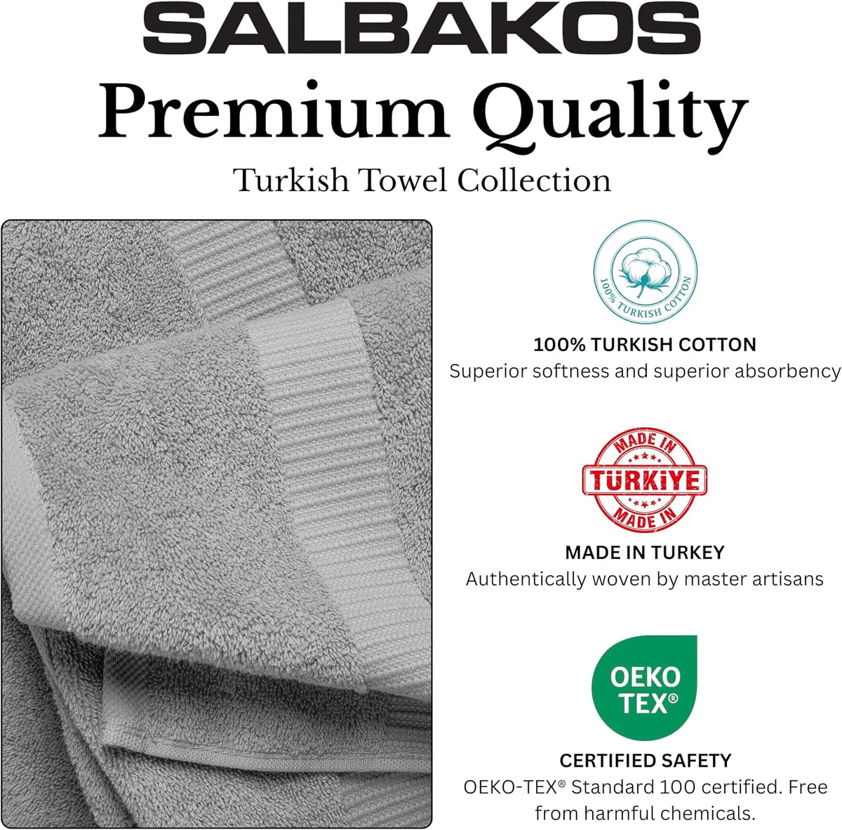 SALBAKOS 100% Turkish Cotton Bathroom Towel Set of 6-Piece, Silver | 630 Gsm Thick Super Soft Highly Absorbent 2 Bath +