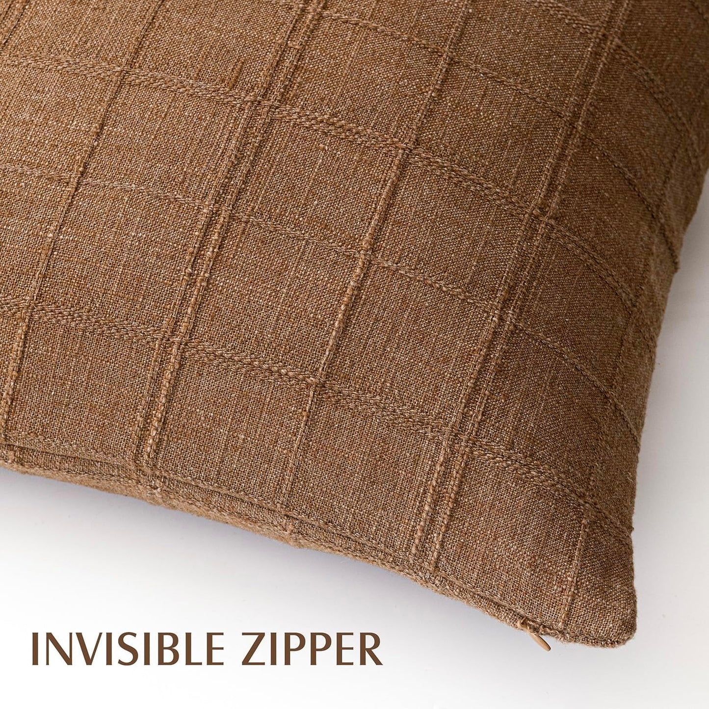 Decorative Linen Check Throw Pillow Covers Neutral Farmhouse / 18 x 18 / Brown Sugar / Set of 2