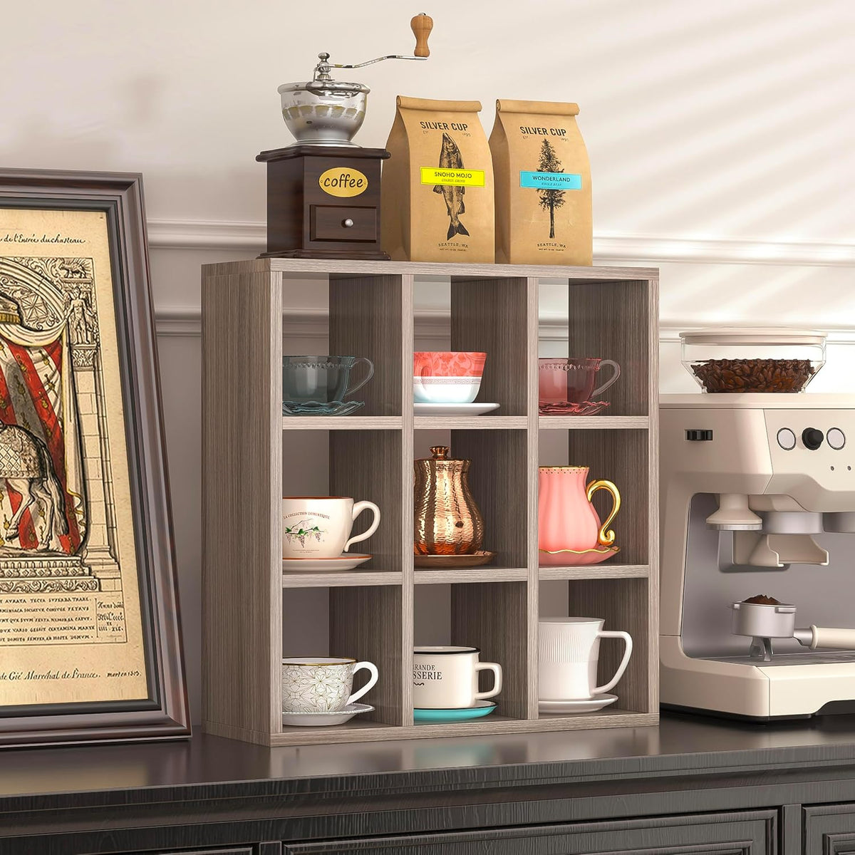 Helsin 9 Grid Vintage Coffee Mug Display Rack, 16inch Wall Mounted Wooden Curio Shadow Box Shelf, Cup Floating Shelves
