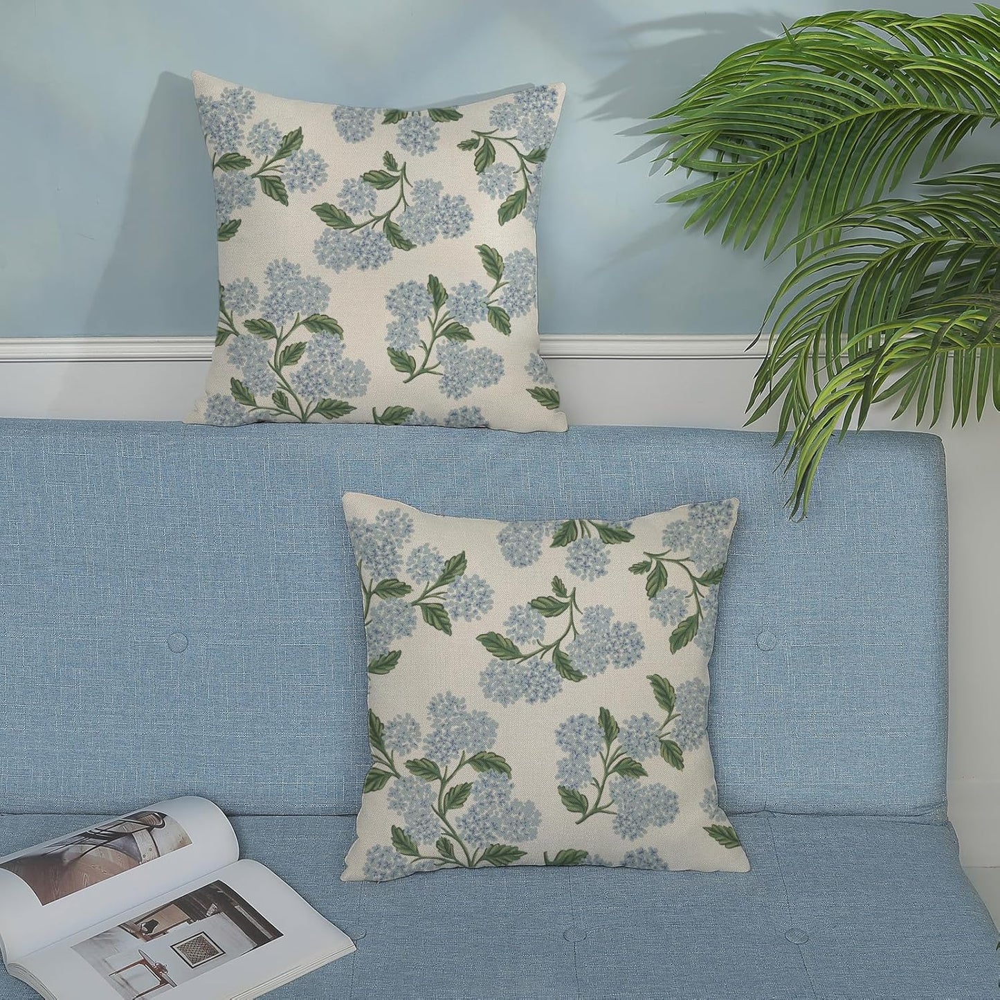 Spring Pillow Covers Green Flower Decor Throw Pillows / 18 x 18 / Hydrangea / Blue / Set of 2