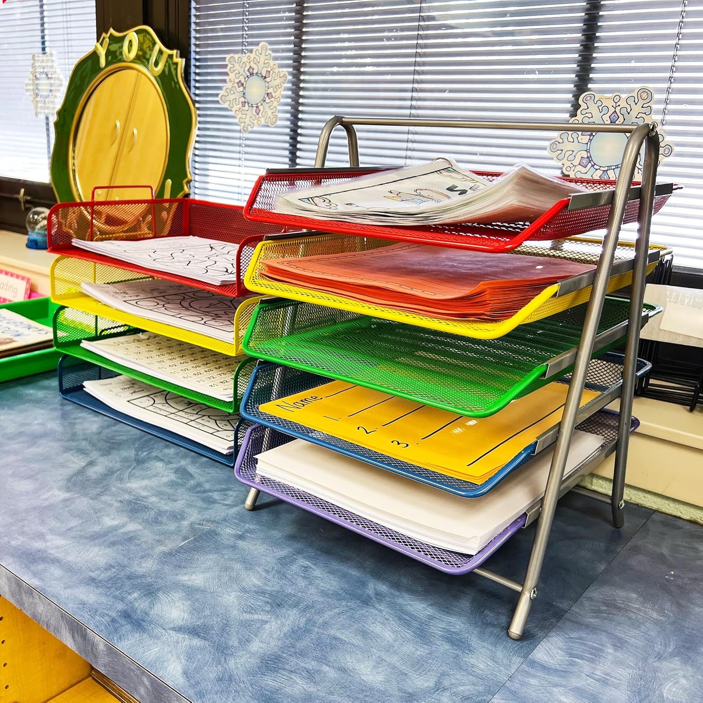 Mind Reader 5-Tier Paper Tray Organizer with Multicolor Trays, Classroom File Organizer for Teachers, Metal Mesh