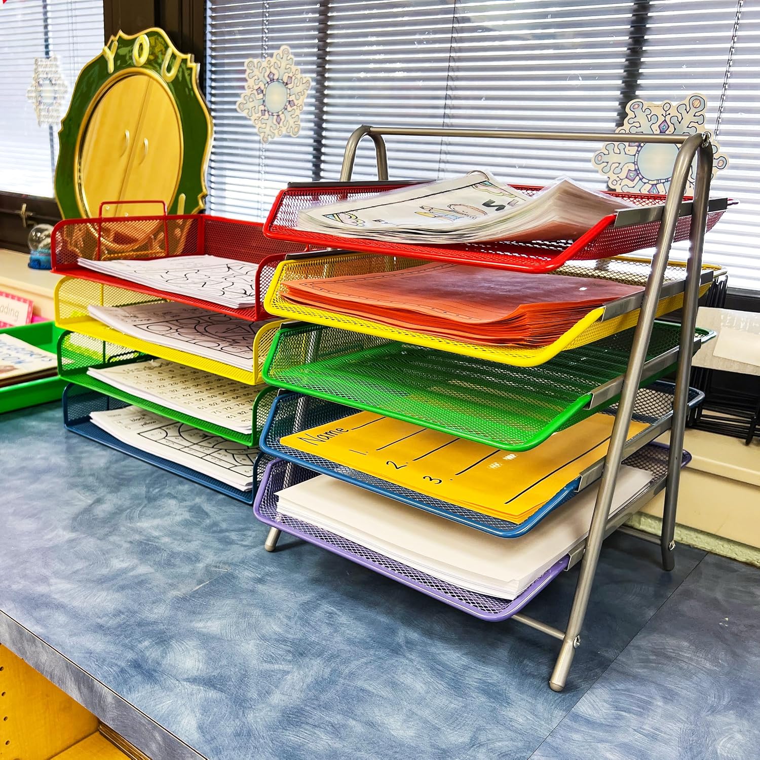 Mind Reader 5-Tier Paper Tray Organizer with Multicolor Trays, Classroom File Organizer for Teachers, Metal Mesh