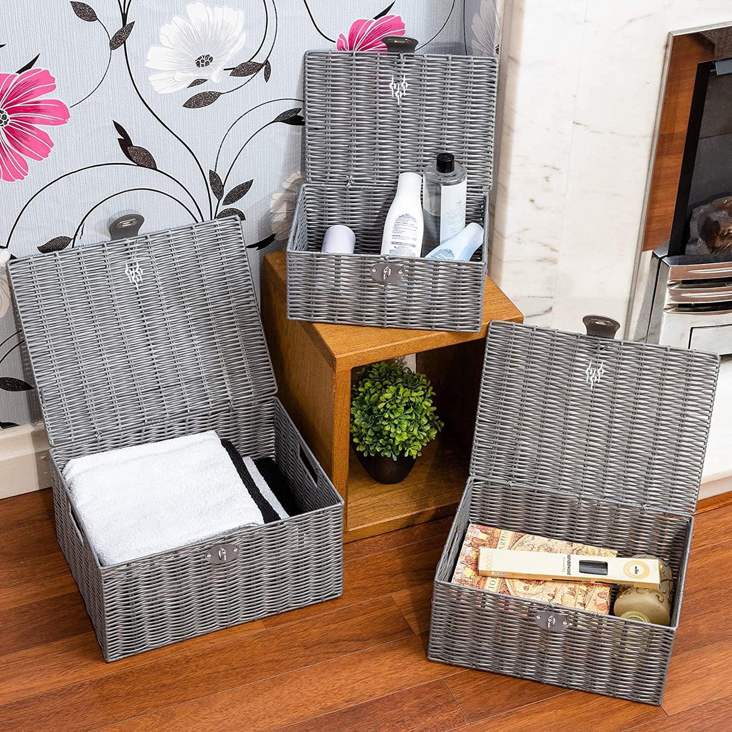 Woven Wicker Storage Basket Box / Grey / Set of 3