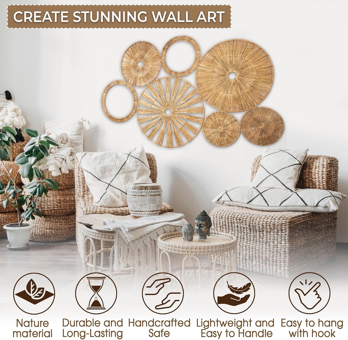 Xavia Handicrafts Boho Wicker Rattan Plate Basket For Décor Hanging Wall / Set of 7