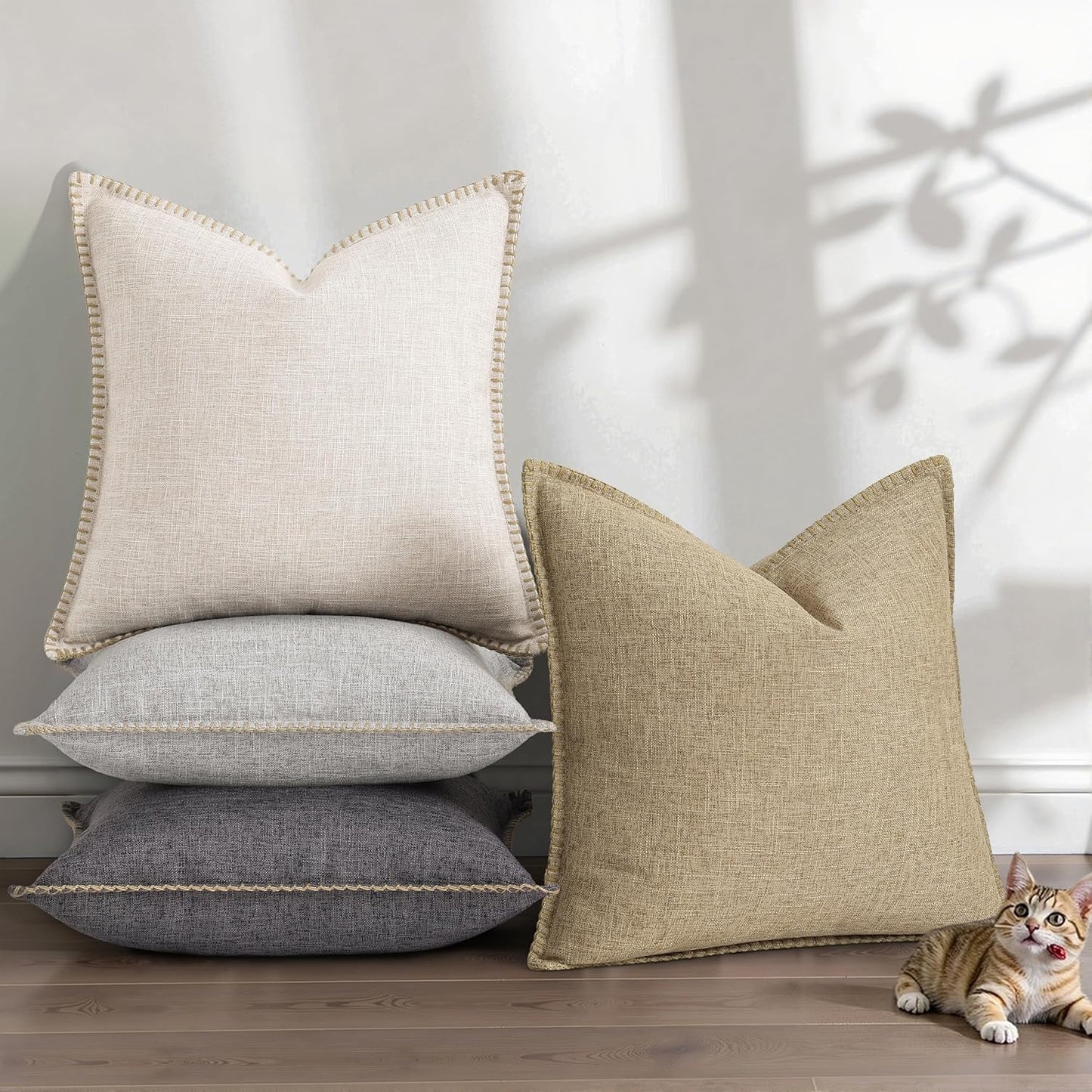 Fall Decorative Throw Pillow Covers Square Faux Linen Outdoor Neutral / Beige / 18 x 18 / Set of 2