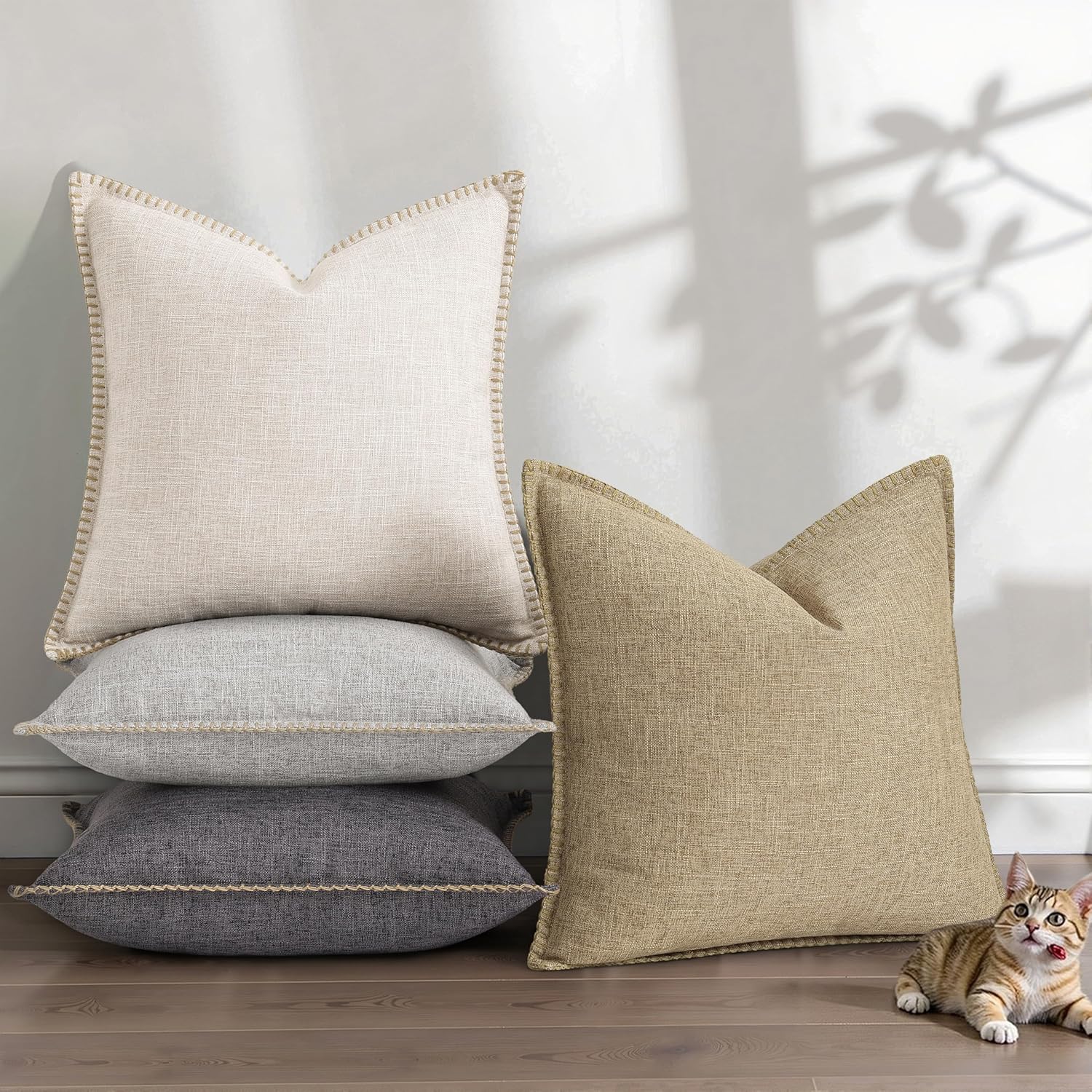 Fall Decorative Throw Pillow Covers Square Faux Linen Outdoor Neutral / Beige / 18 x 18 / Set of 2