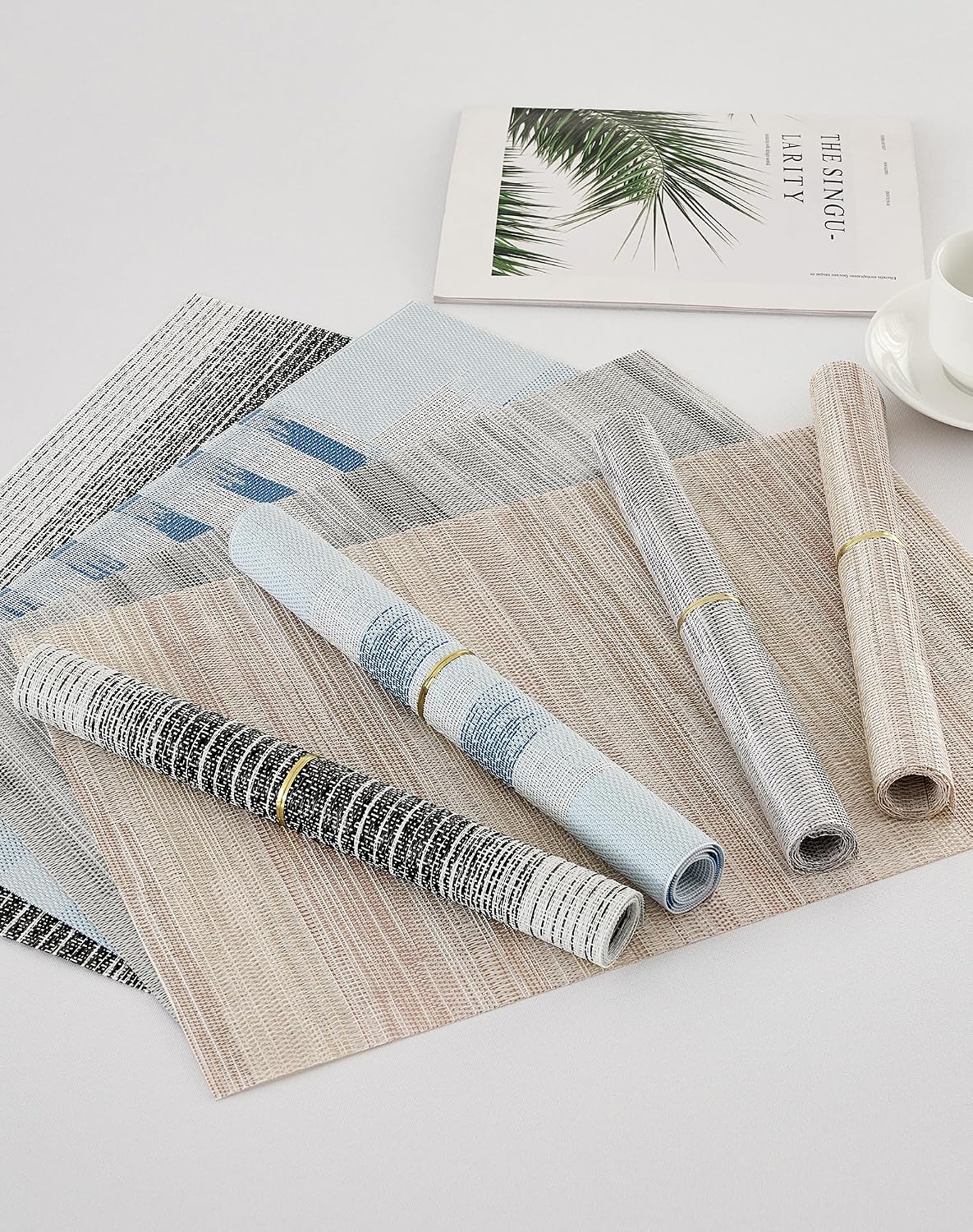 Leetaltree Woven Vinyl Placemats Set of 8,Black& White | Waterproof & Washable Dining Table Mats for Wedding