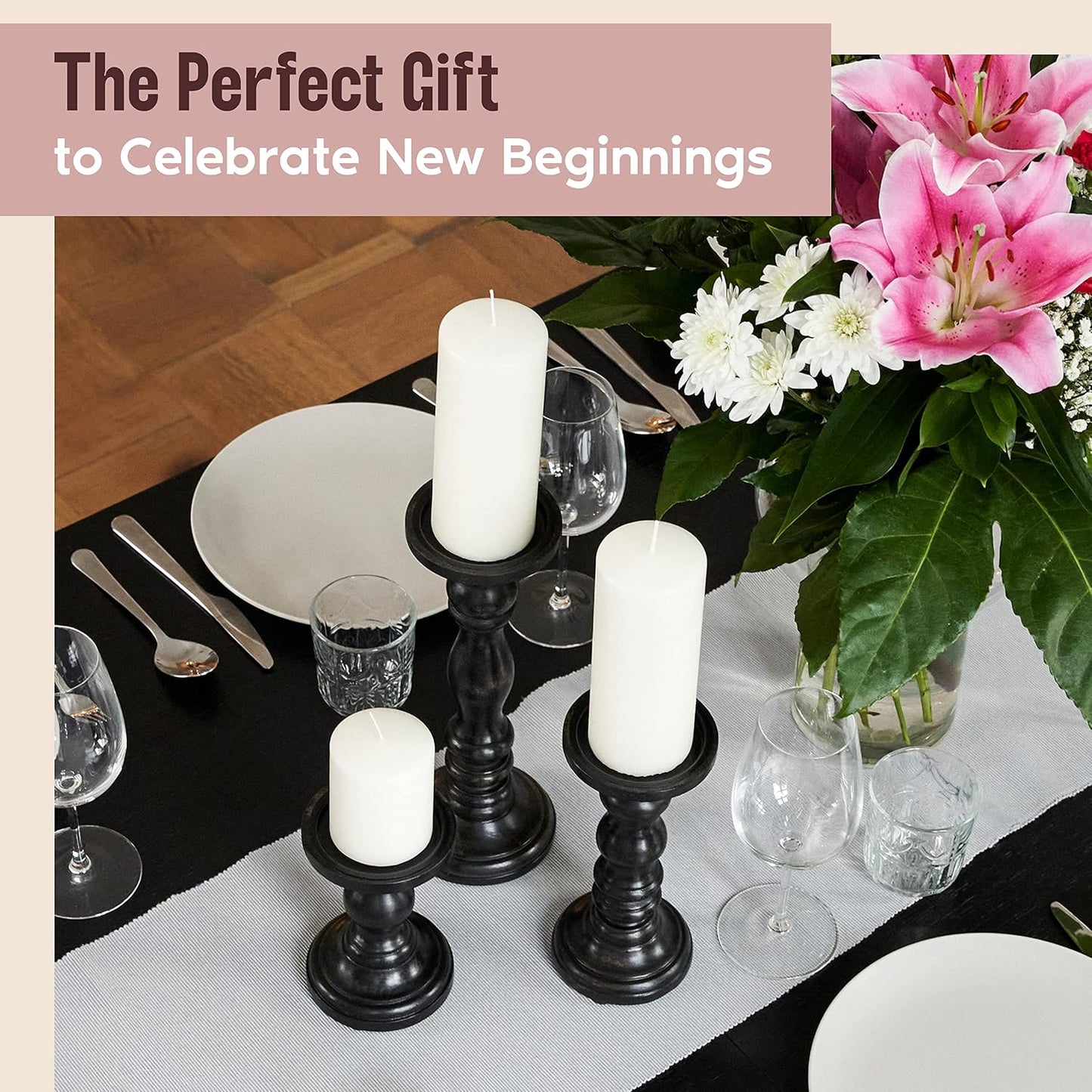 Large Candle Holders for Pillar Candles - Decorative Rustic Centerpiece Pillars Compatible with Battery-Operated