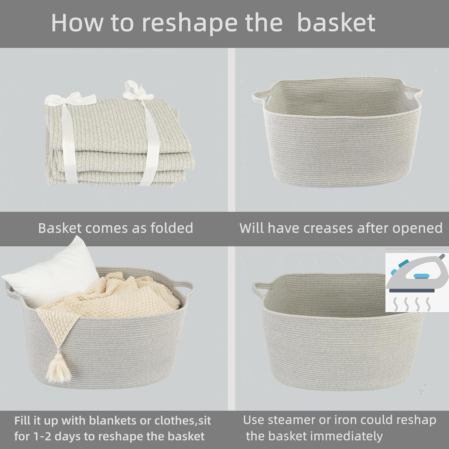 Large Rectangle Blankets Basket Living Room " Woven Cotton Rope Storage / Grey / 22 x 17 x 12