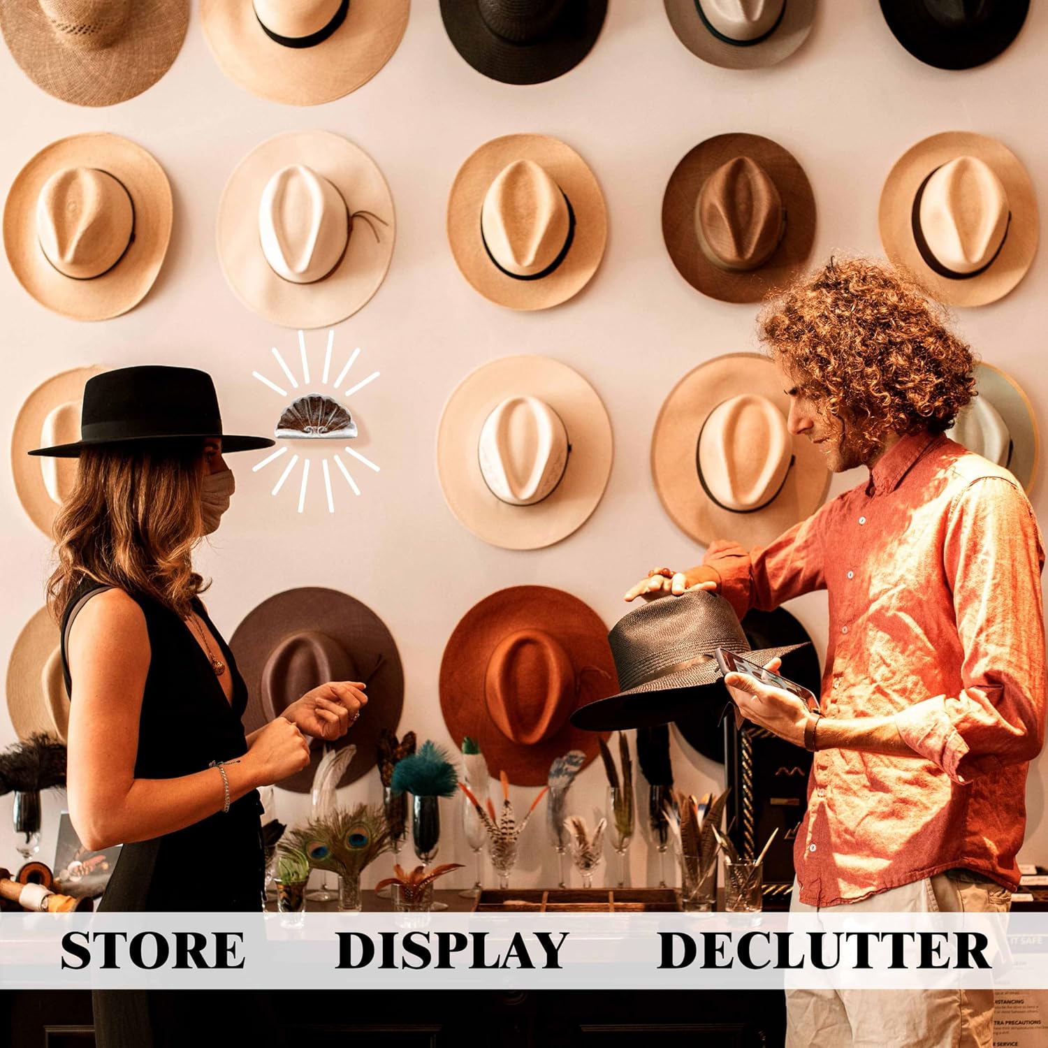 Hat Hooks for Wall Cowboy, Retro Hat Hangers for Display, Hat Holder for Baseball Caps Organizer, Natural Curved Hat