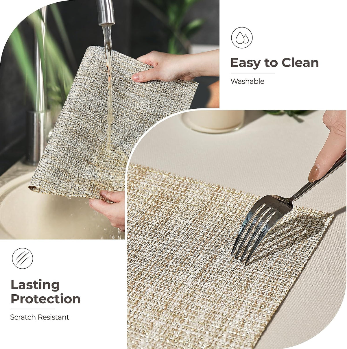 Leetaltree Woven Vinyl Placemats Set of 8,Beige and Gold | High Density，Stain Resistant, Easy to Clean, Washable Table