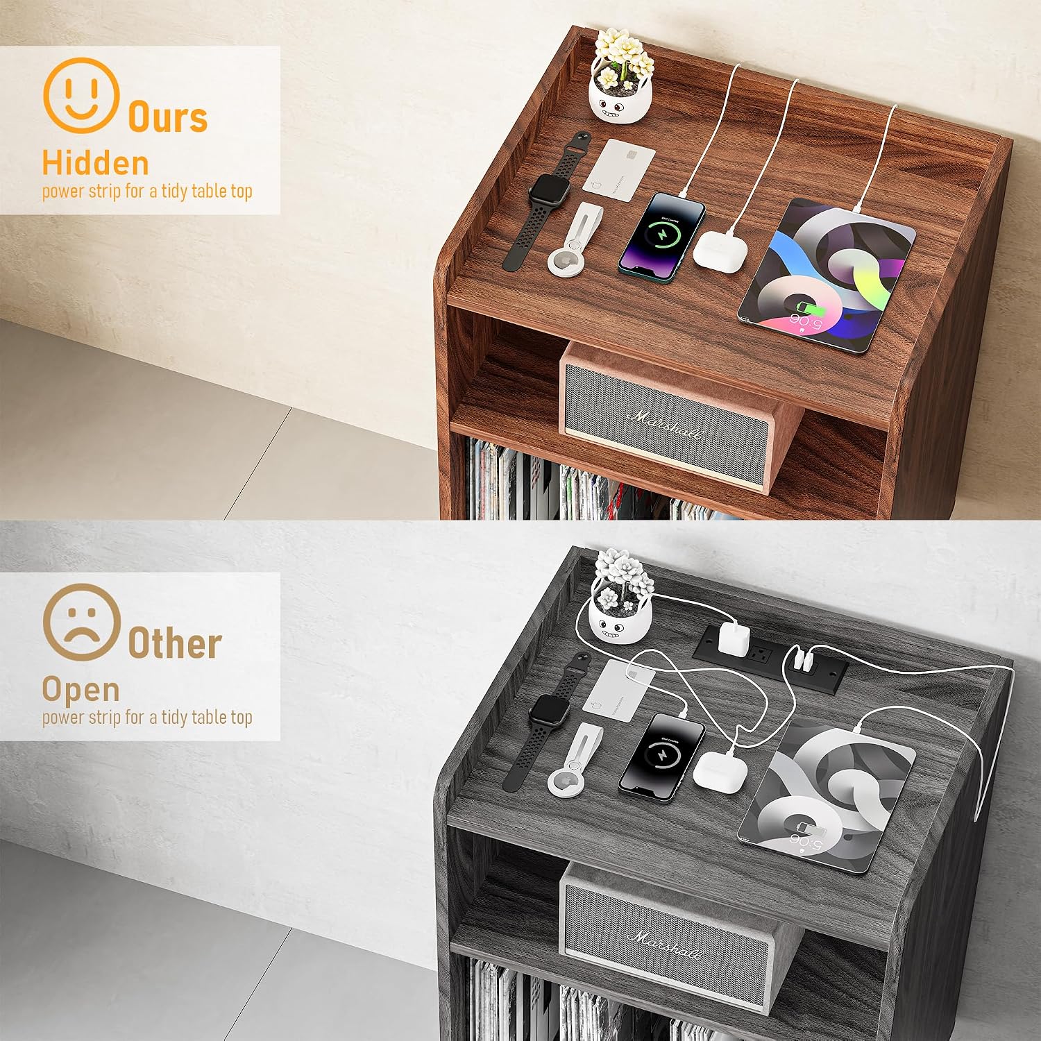Record Player Stand, Turntable Stand with Record Storage and Charging Station & USB Ports, Record Player Table with