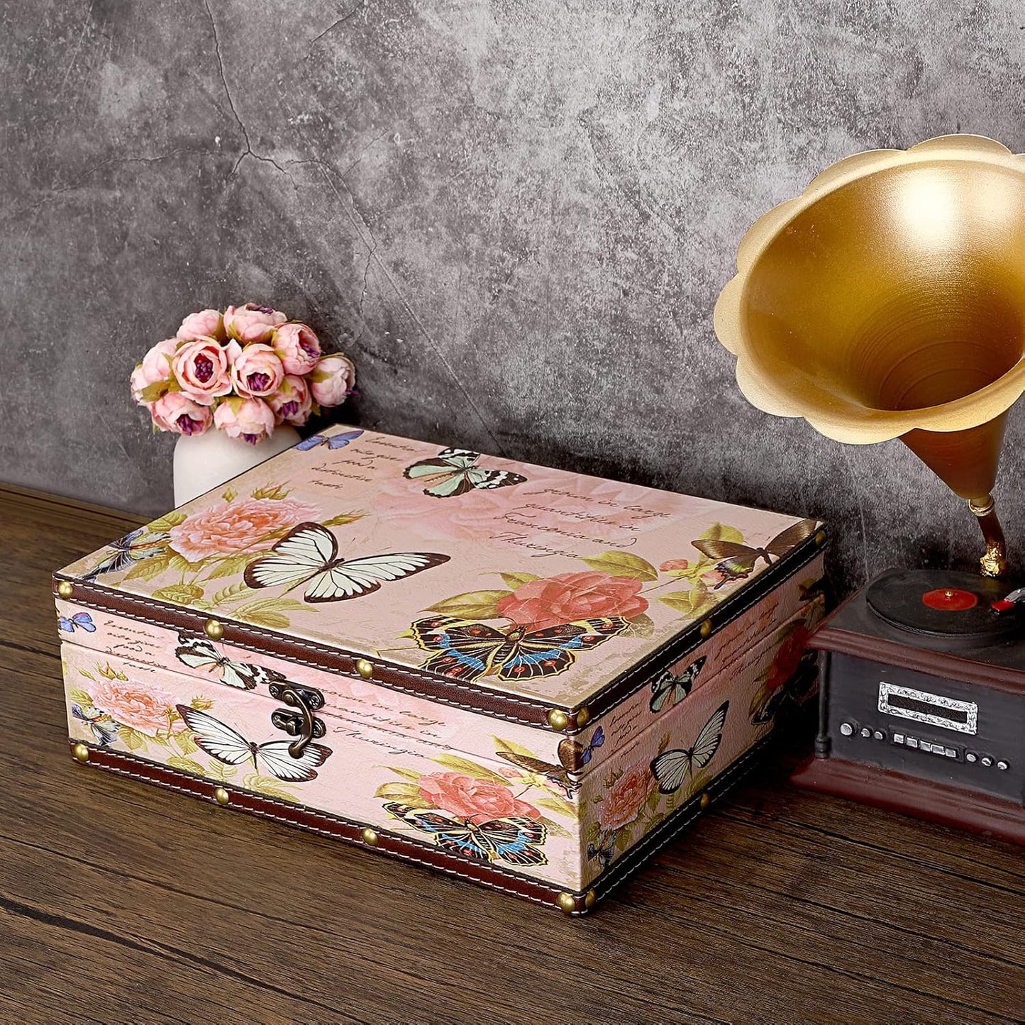 Wooden + PU Leather Storage Decorative Box for Jewelry Trinkets Photos / Butterfly Pattern