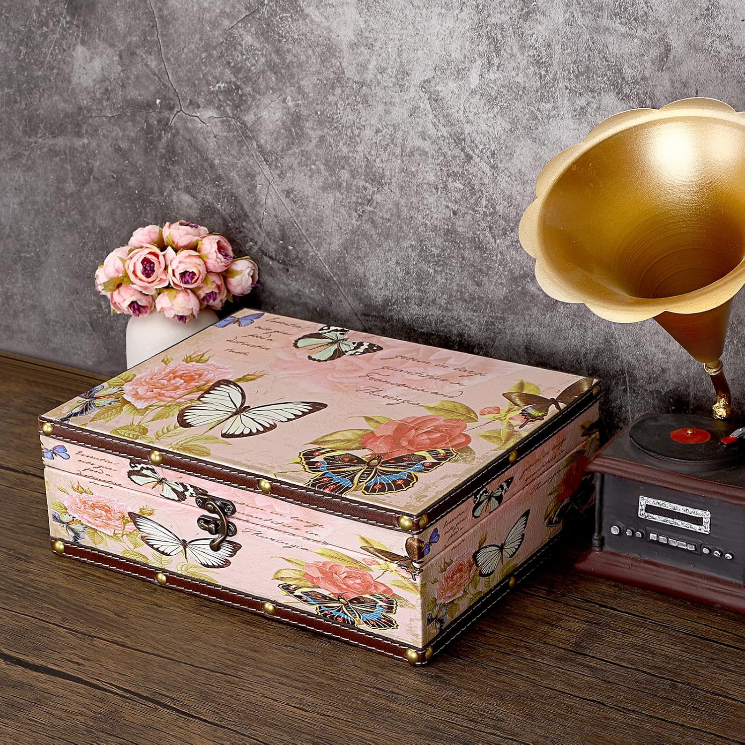 Wooden + PU Leather Storage Decorative Box for Jewelry Trinkets Photos / Butterfly Pattern