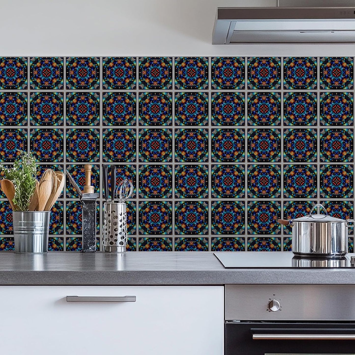 Tile Stickers Stained Peel and Stick Wall Tile Stickers / Stained Colorful Flower / Set of 18