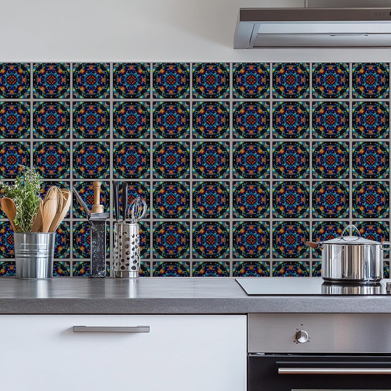Tile Stickers Stained Peel and Stick Wall Tile Stickers / Stained Colorful Flower / Set of 18