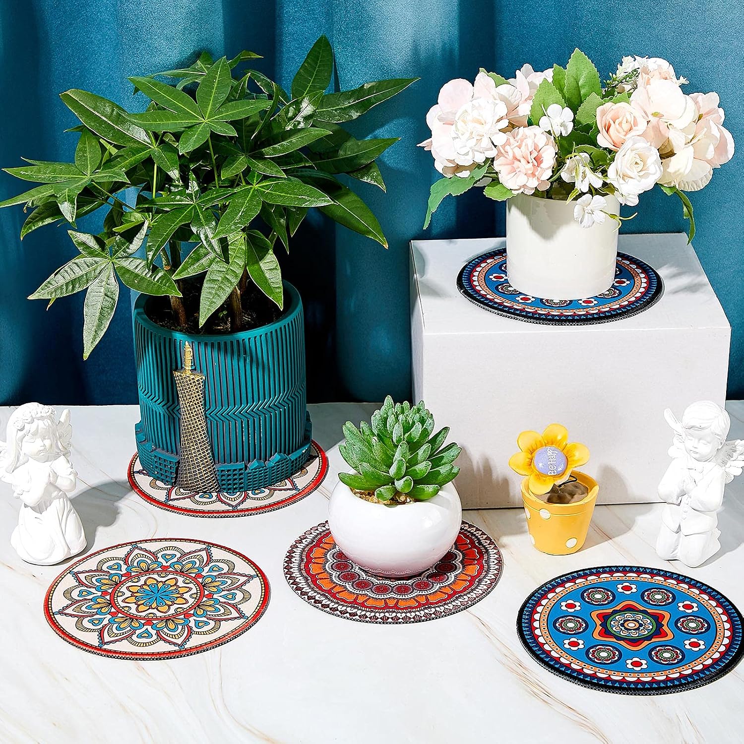 7.87" Boho Plant Coasters Large Rubber Absorbent Non Slip Pot Mats / Fashion / 8 Inch / Set of 6