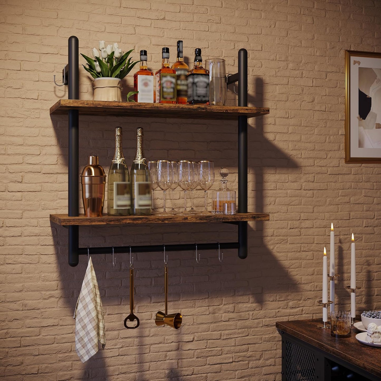 Bestier 24" Floating Kitchen Shelves Wall Mounted 2 Tier Coffee bar Shelves with 8 Hooks, Industrial Wall Shelf for