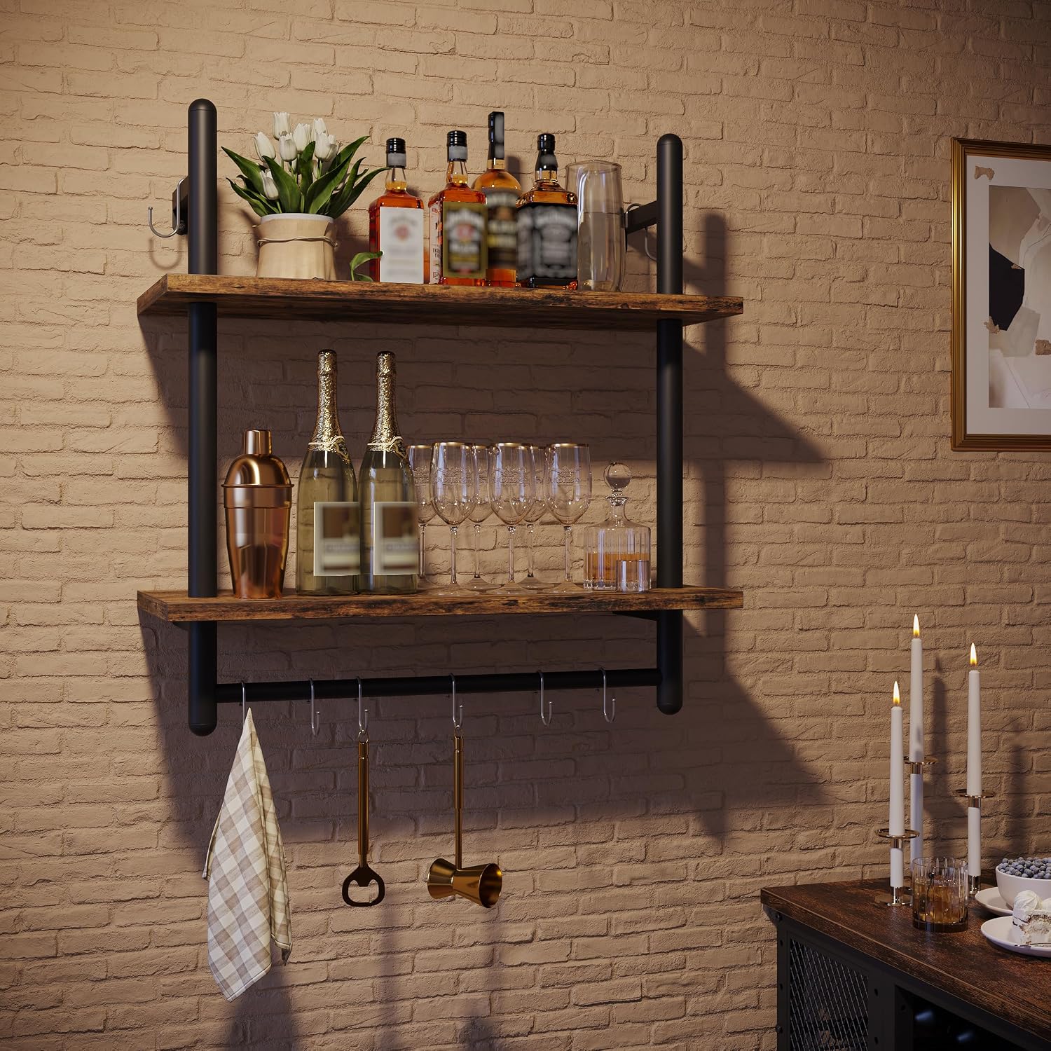 Bestier 24" Floating Kitchen Shelves Wall Mounted 2 Tier Coffee bar Shelves with 8 Hooks, Industrial Wall Shelf for