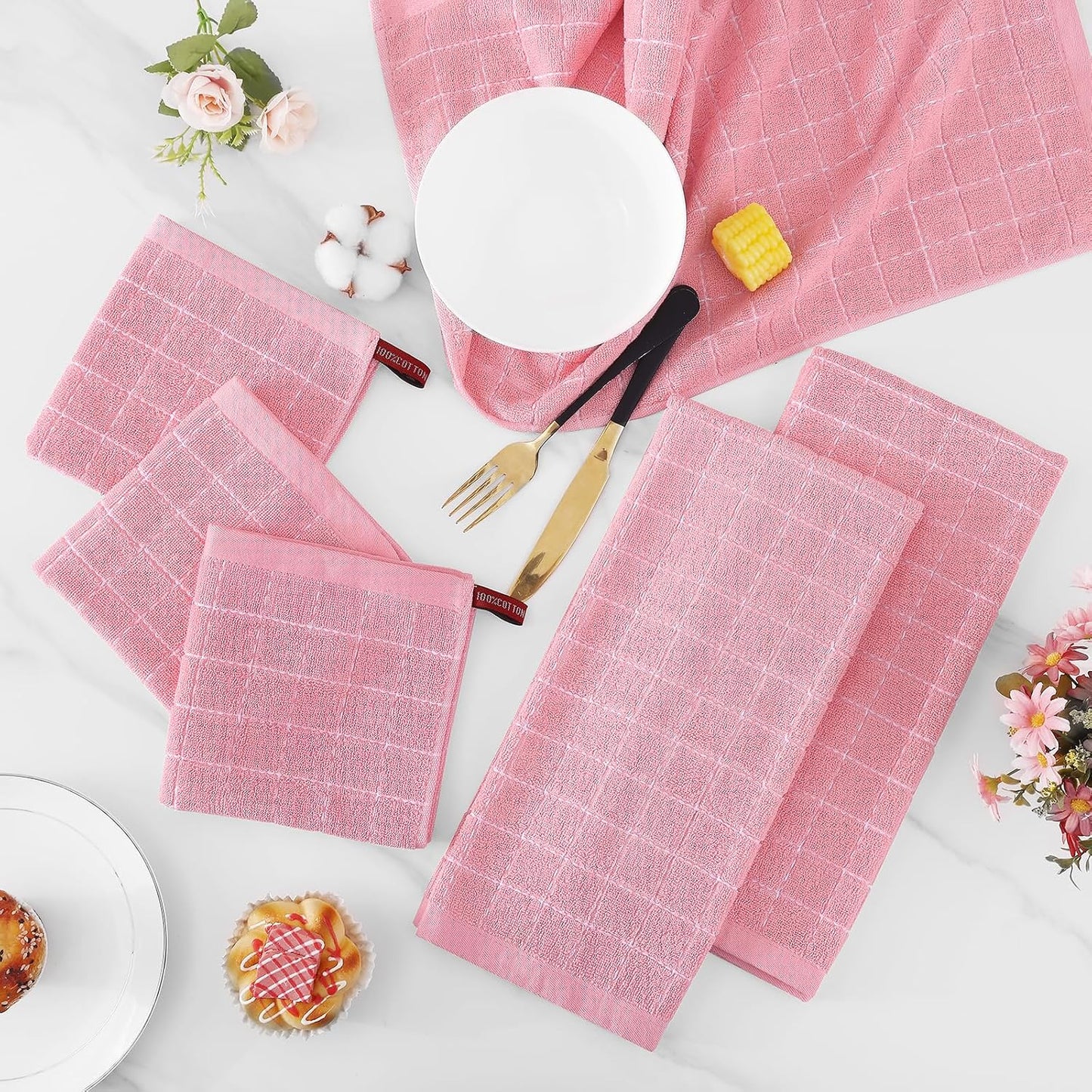 Homaxy Kitchen Towels and Dishcloths Set, Set of 12, Pink | Bulk Cotton Terry Kitchen Towels, Checkered Designed, Soft