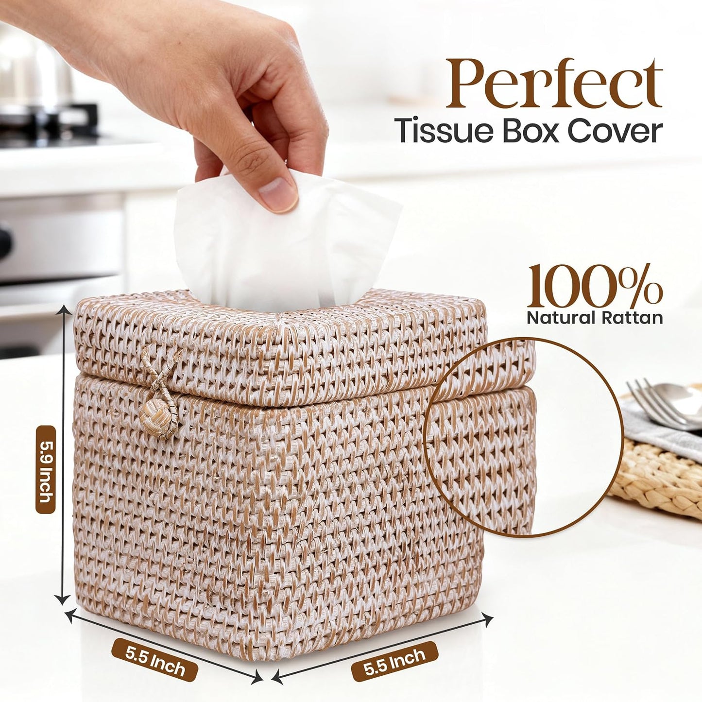 Rattan Tissue Box Cover / Whitewash / 5.5 x 5.5 x 5.9