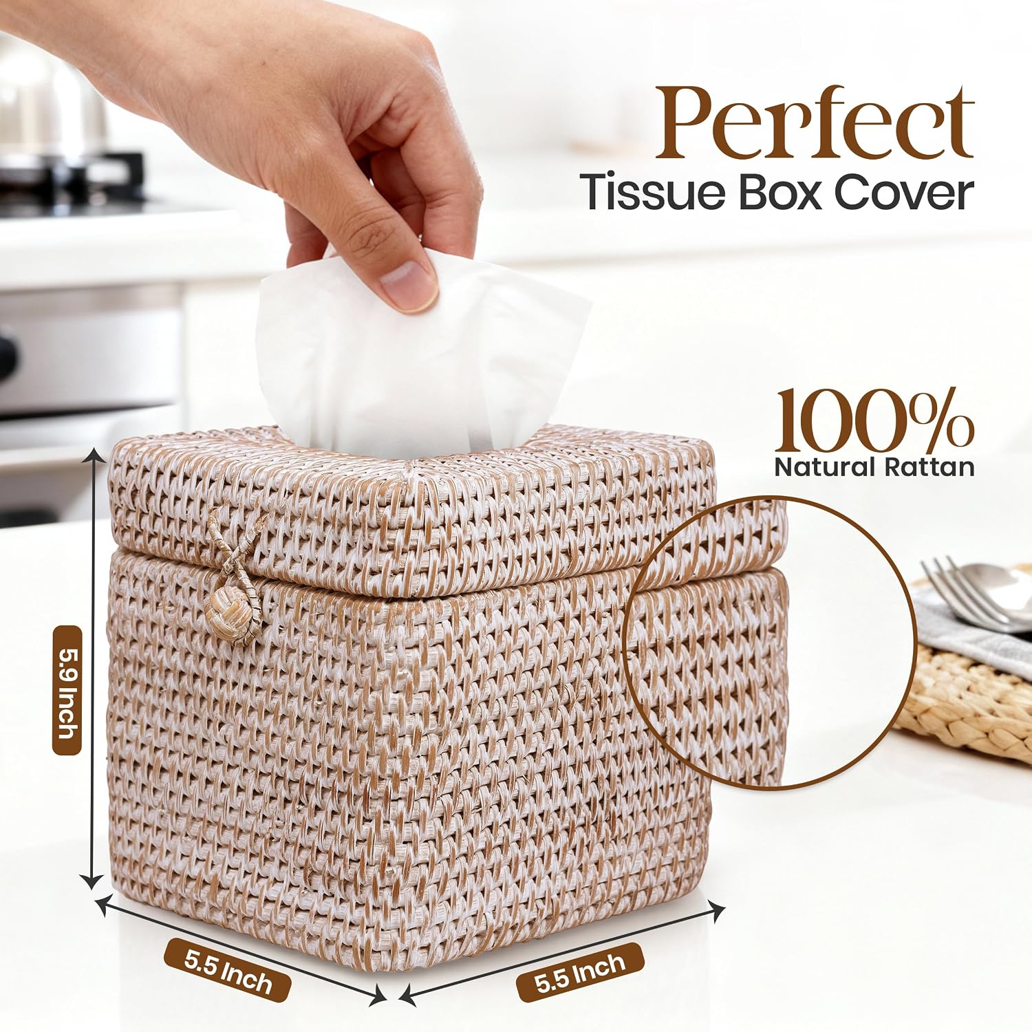 Rattan Tissue Box Cover / Whitewash / 5.5 x 5.5 x 5.9