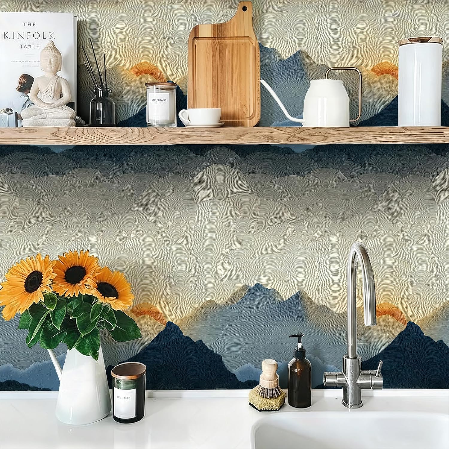 Peel and Stick Sun Art Wallpaper Nature Warm Woody Removable / 17.7 x 236.2 / Blue/white/red