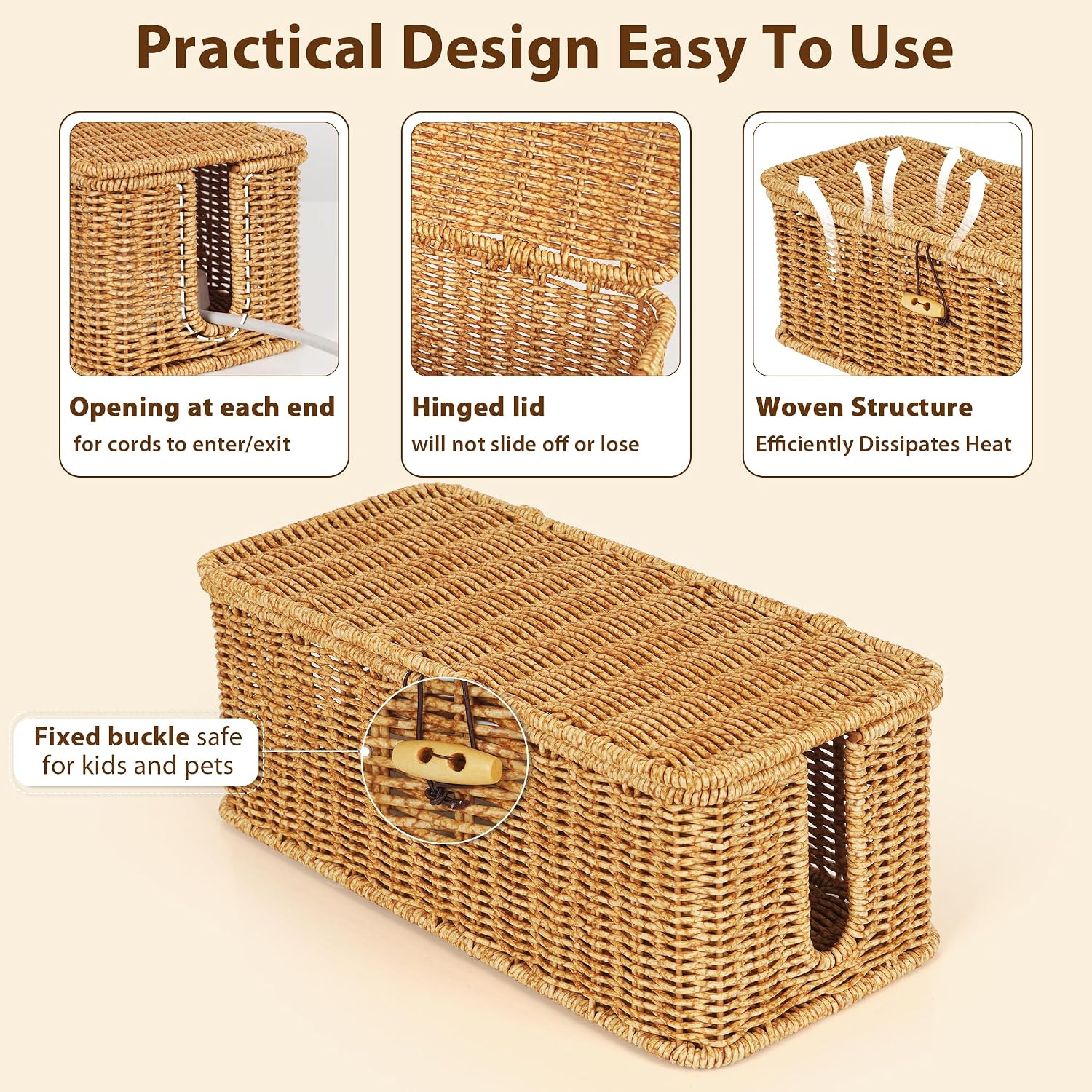 Handwoven Faux Rattan Cord Organizer Box / Natural / Rectangle