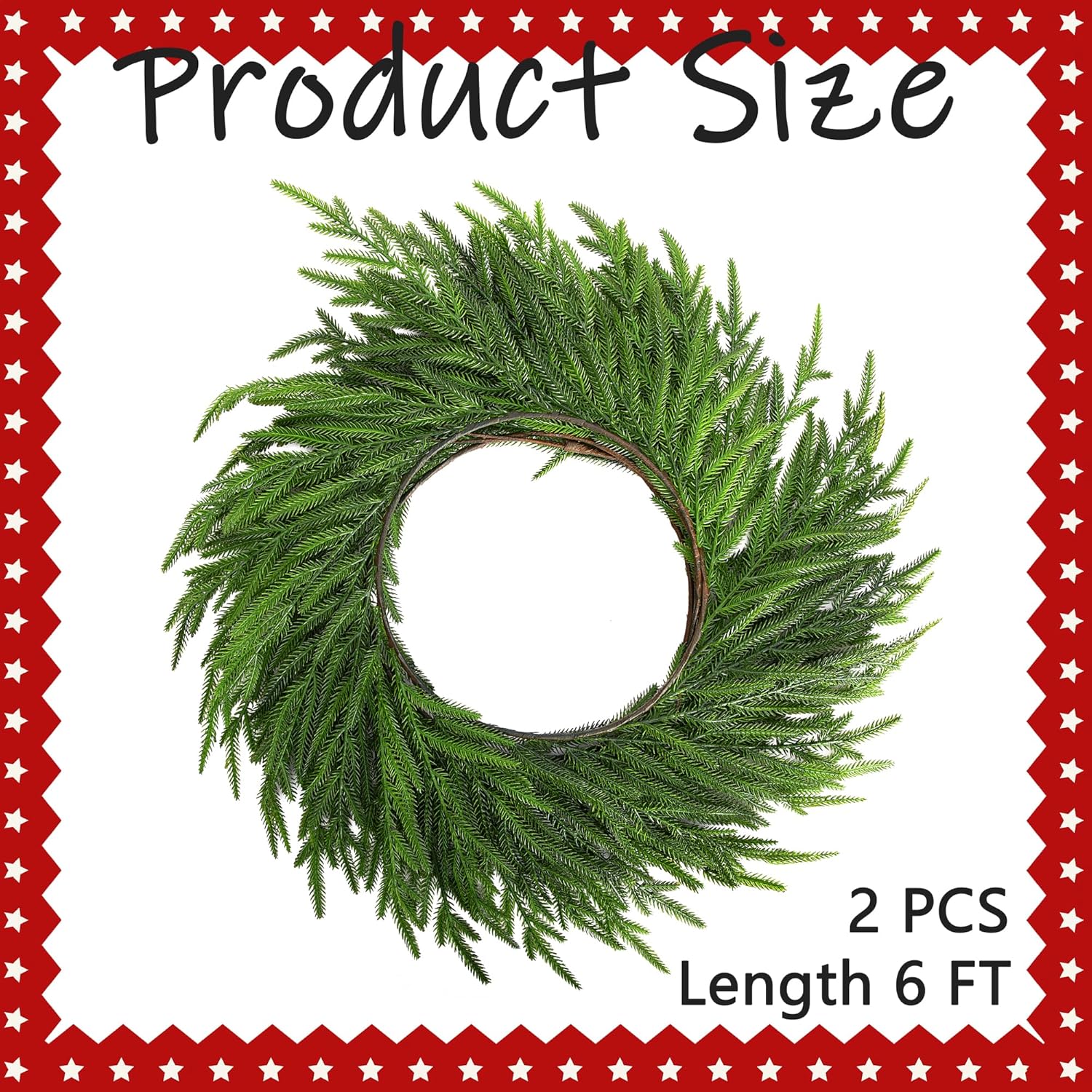 Watayo 2 Pcs Christmas Norfolk Pine Garland, 6 Ft Dense Real Touch Pine Garland Ornament, Realistic Artificial Pines