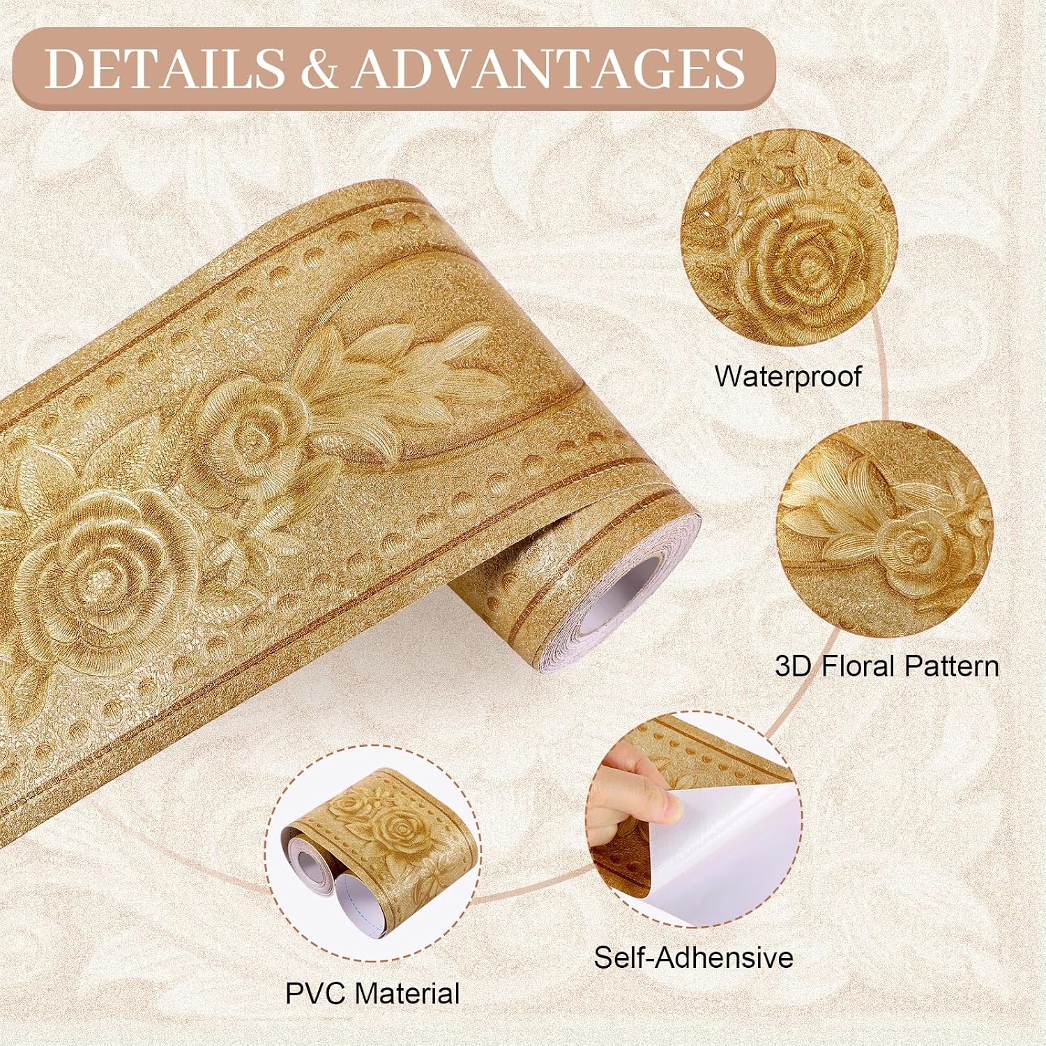 4 Rolls Peel and Stick Wallpaper Border 3D Flower Pattern ft Self Adhesive / Gold / Peony / 4 x 16.4